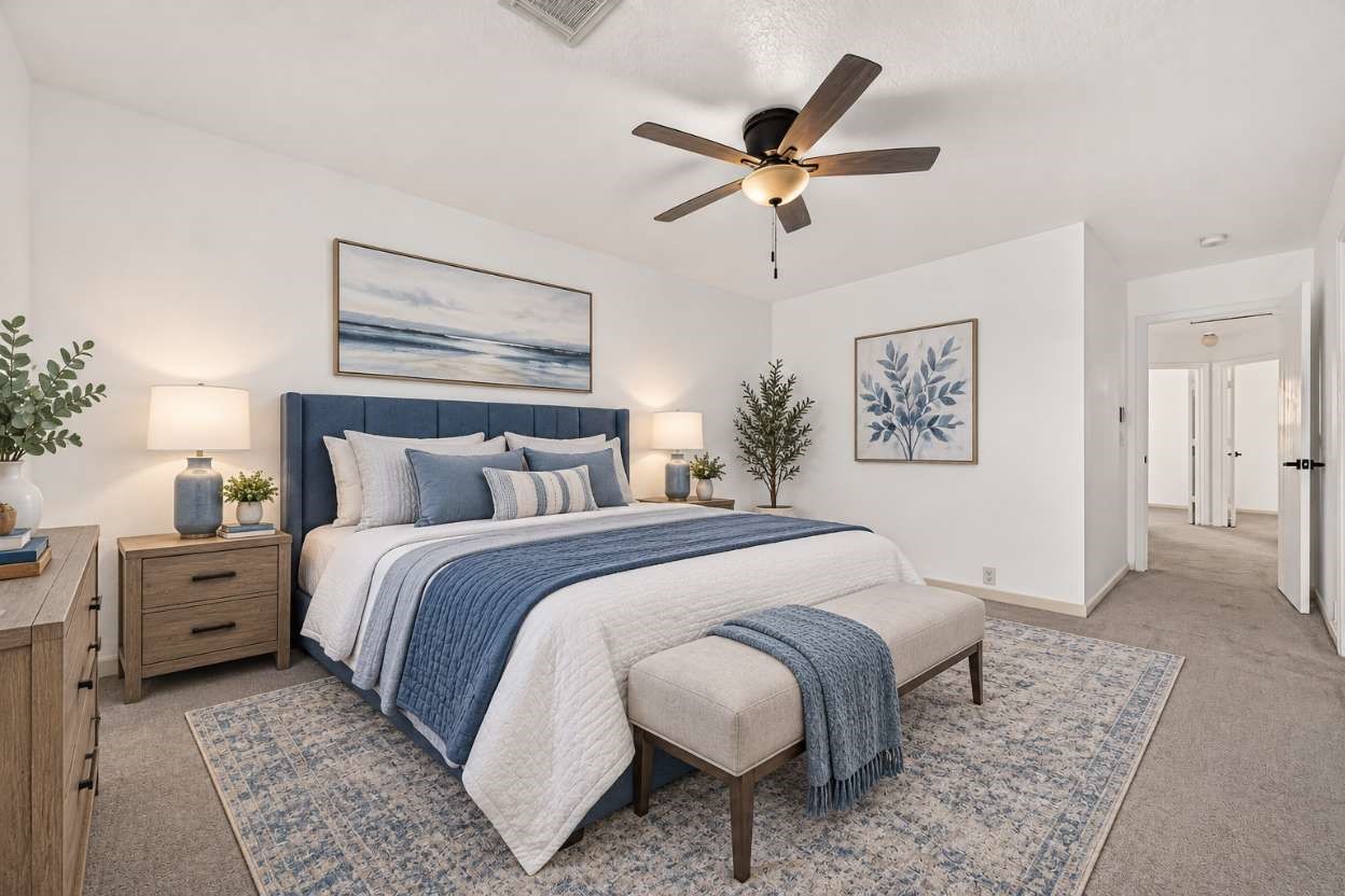 primary upstairs bedroom. This image has been virtually staged for visual purposes.