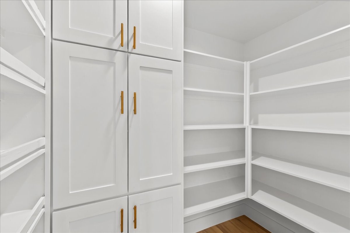 Unit A - The spacious pantry features custom-built cabinetry, dedicated shelving, and a convenient spice rack, providing exceptional organization and storage while adding a touch of luxury and functionality to the kitchen.