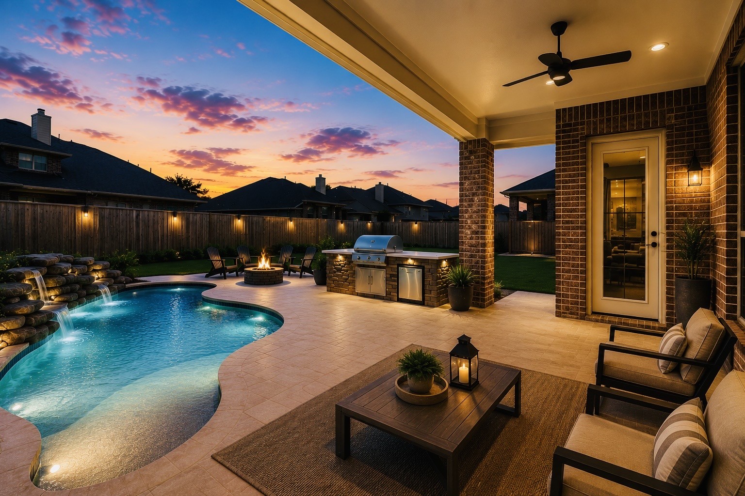 virtual stage of the endless possibility of designs of your private pool with a fire pit in the backyard