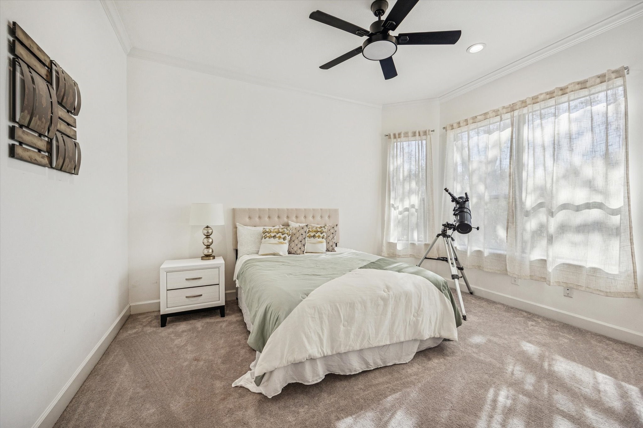 Bright and cozy 2nd bedroom downstairs with plush carpeting and large windows that let in ample natural light.