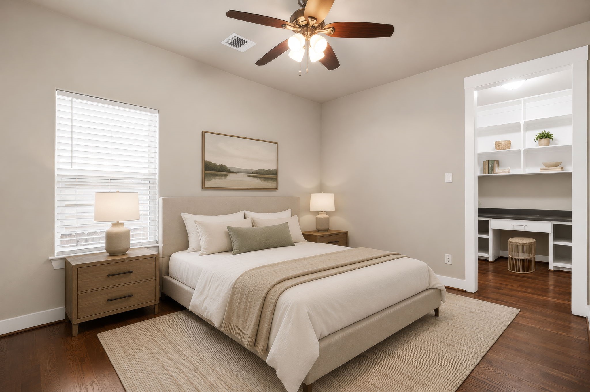 The 1st-floor offers a private bedroom with a 8x5 mini-office with built-ins and an en suite bathideal for guests or working from home. (Digitally staged.)