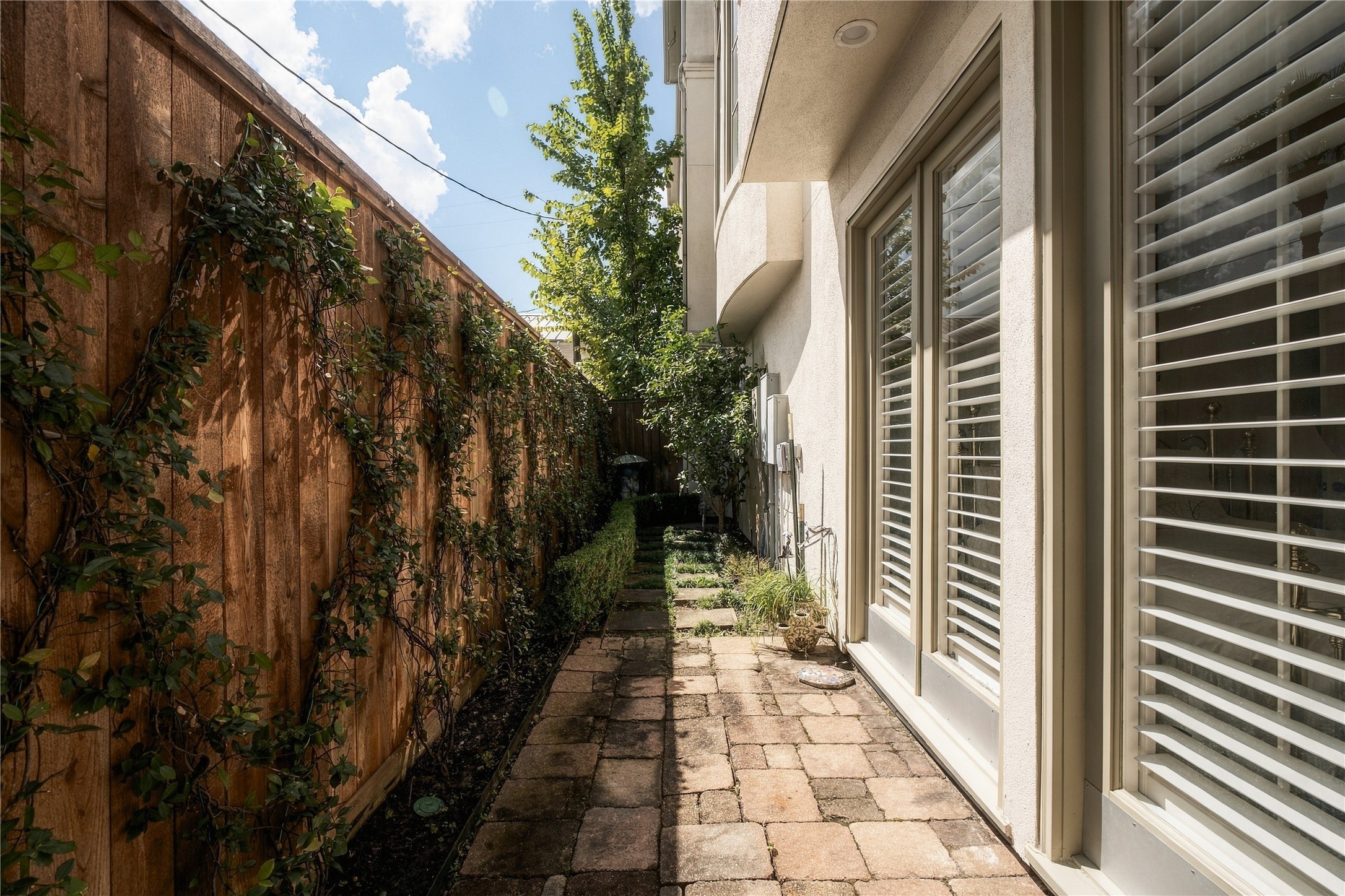 A private side walkway adds another outdoor element with mature climbing greenery and direct access alongside the home.