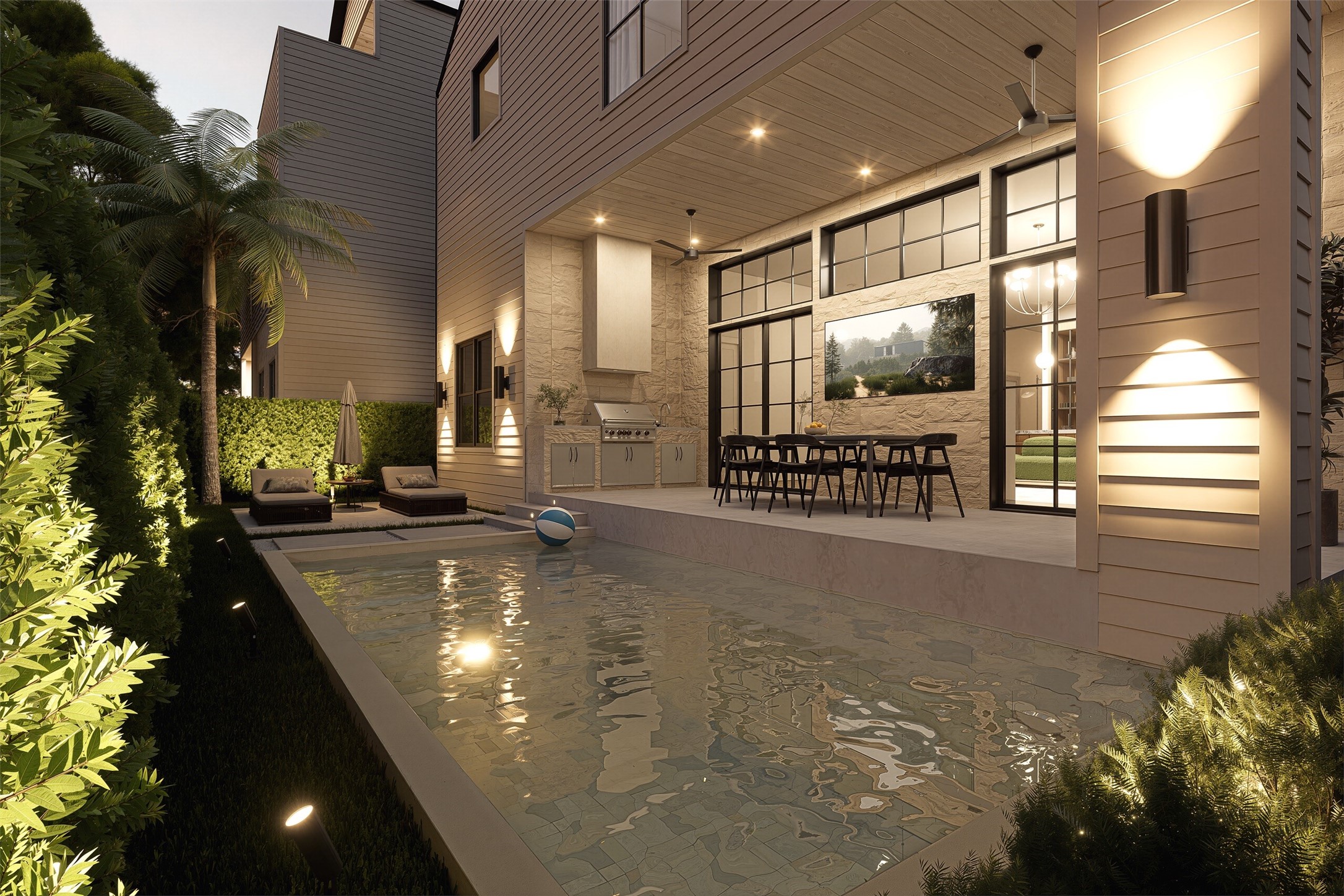 *RENDERED IMAGE* An expansive swimming area extends alongside the covered patio, creating a seamless relationship between outdoor entertaining and poolside relaxation.