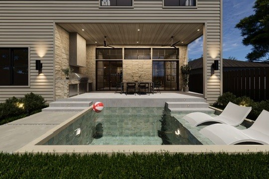 *RENDERED IMAGE* Envision the backyard reimagined. A contemporary pool, submerged lounge chairs, and clean architectural lines complement the existing covered patio, illustrating the potential for a sophisticated outdoor living experience tailored to the home's design.