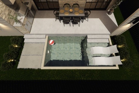 *RENDERED IMAGE* The possibilities, viewed from above. A conceptual pool design demonstrates how this backyard could evolve into a private outdoor retreat, balancing entertaining space, relaxation, and architectural continuity.