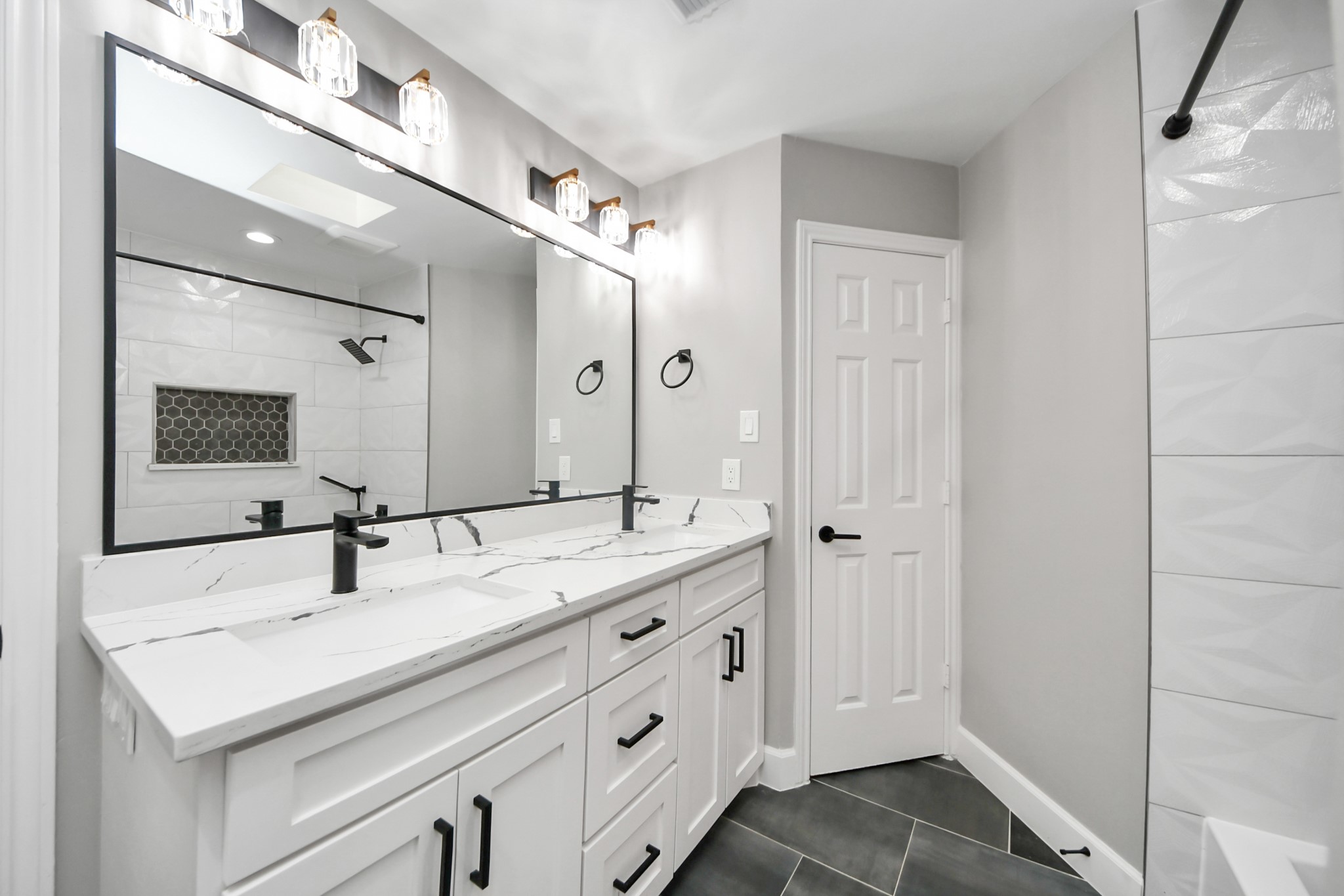Double-sink vanity for secondary bathroom upstairs.
