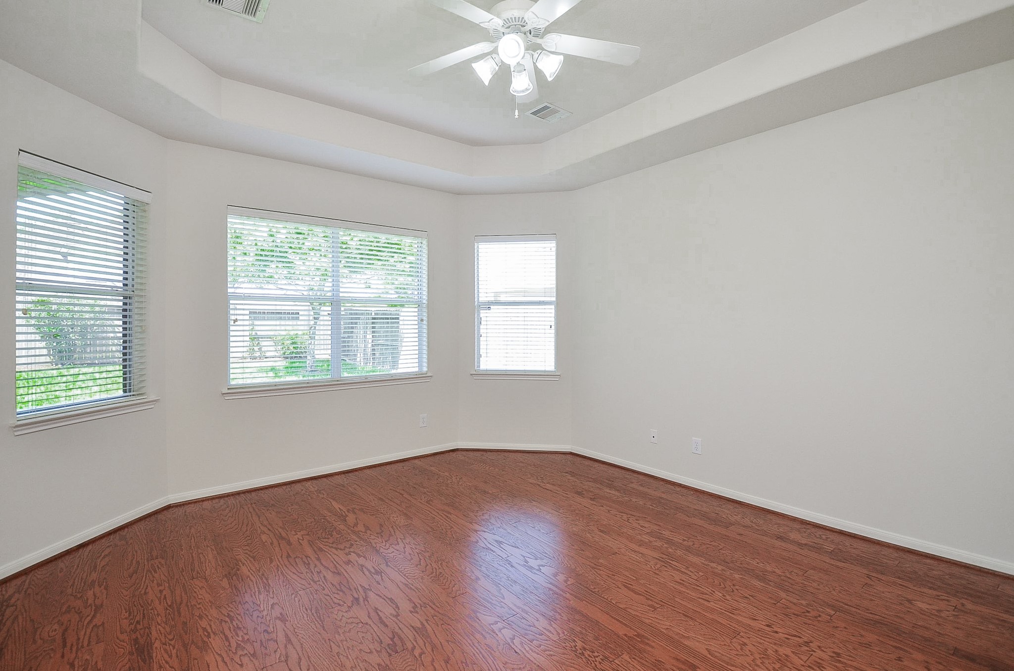 Experience the elegance of primary room, featuring a grand entrance with a stunning arched window and tray ceiling, welcoming you with warmth and style.