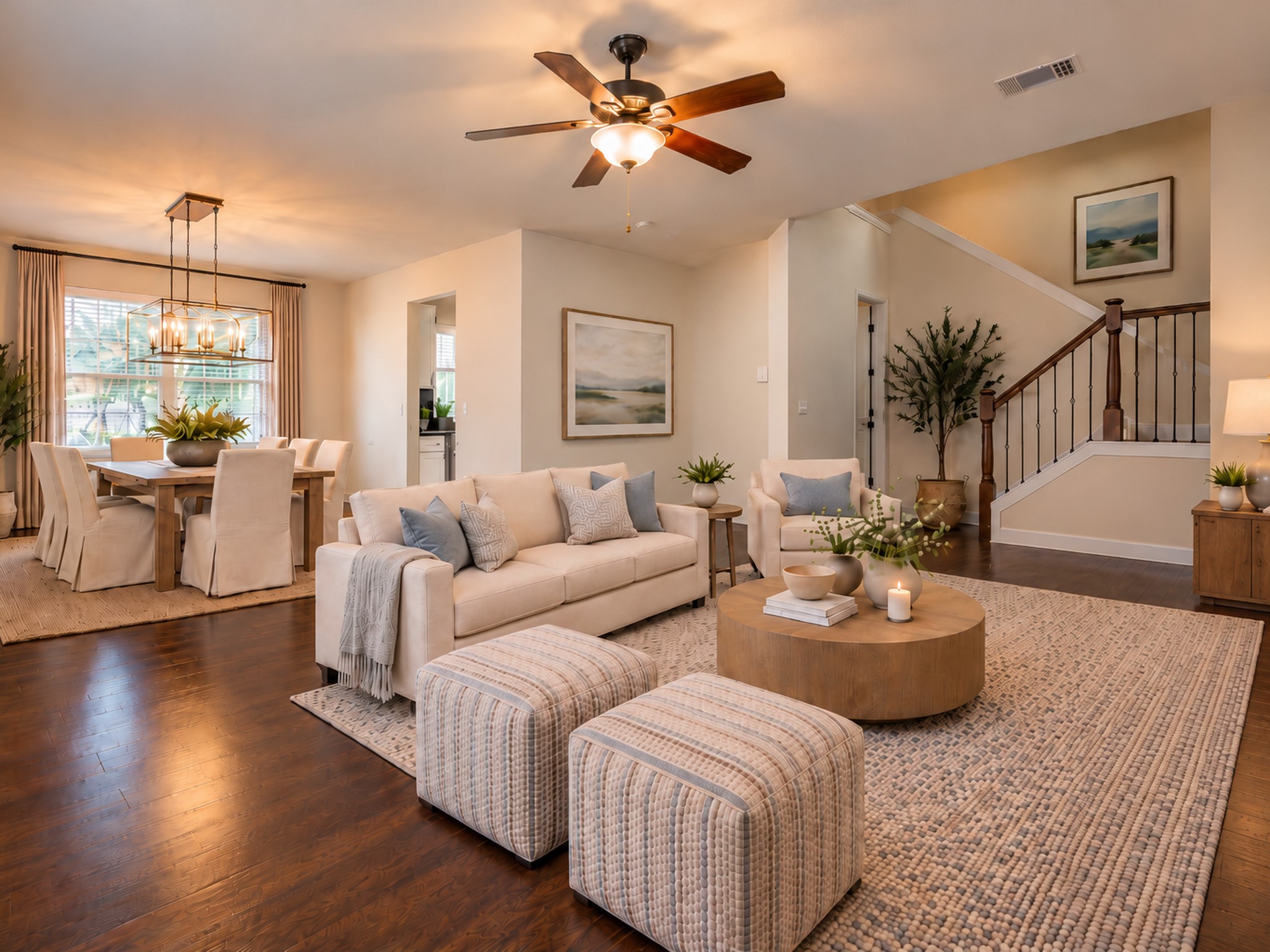 This large formal living and formal dining room is virtually staged for reference and not to scale.