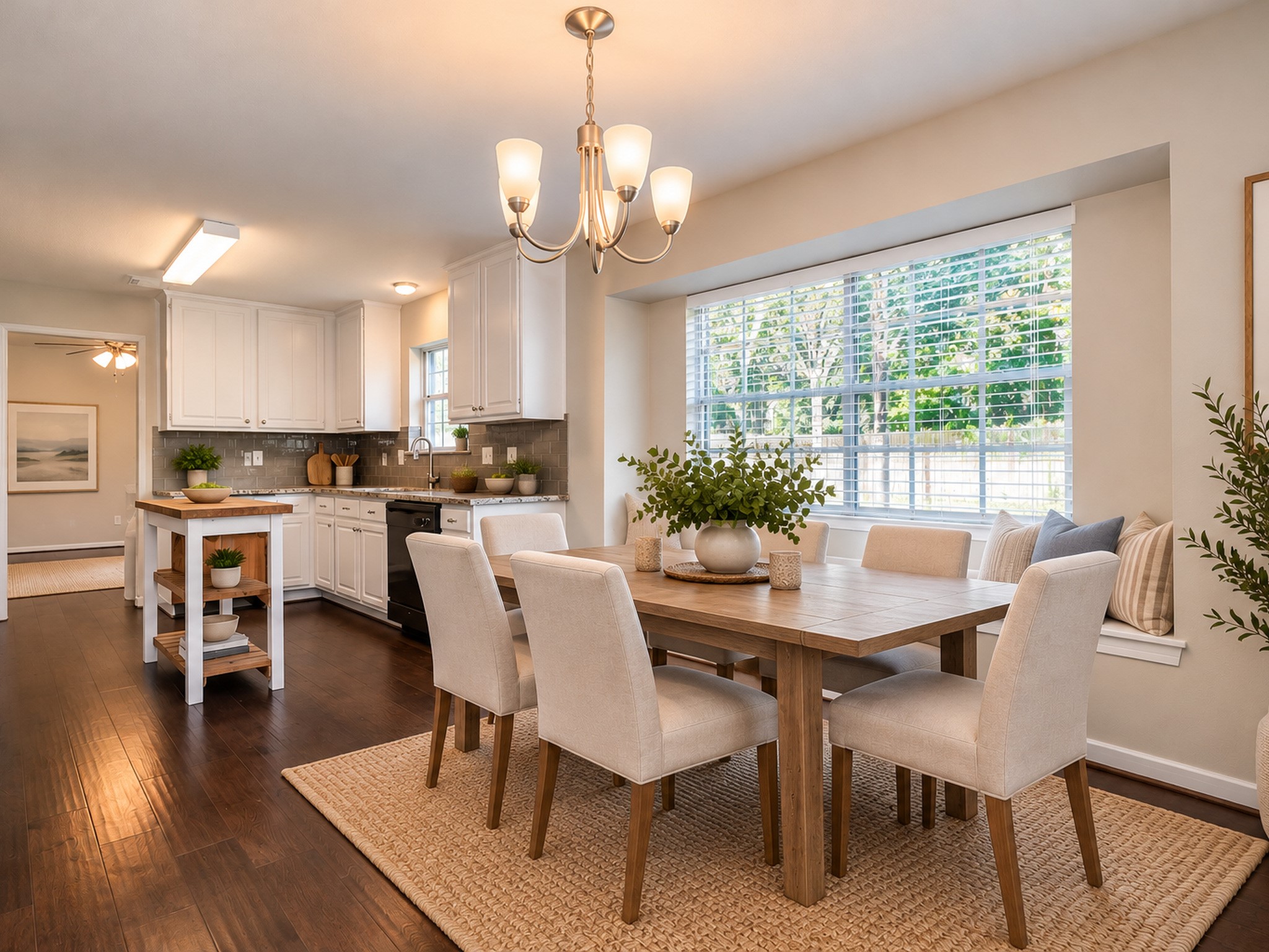Beautiful breakfast nook and everyday dining area virtually staged for reference and not to scale.