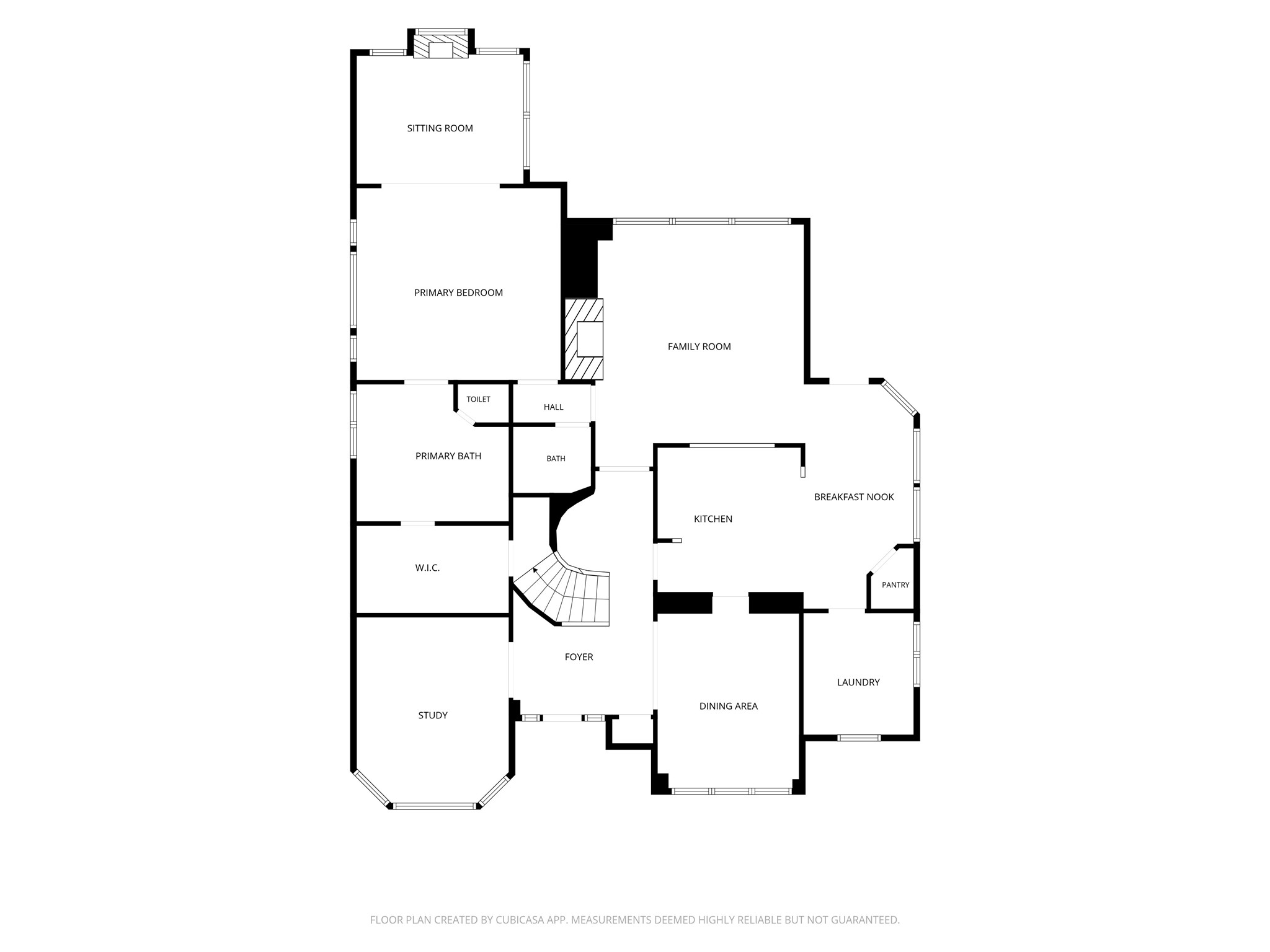 First-floor layout features a grand two-story foyer, formal dining, private study, spacious family room, island kitchen, breakfast room and expansive primary suite with separate sitting area.