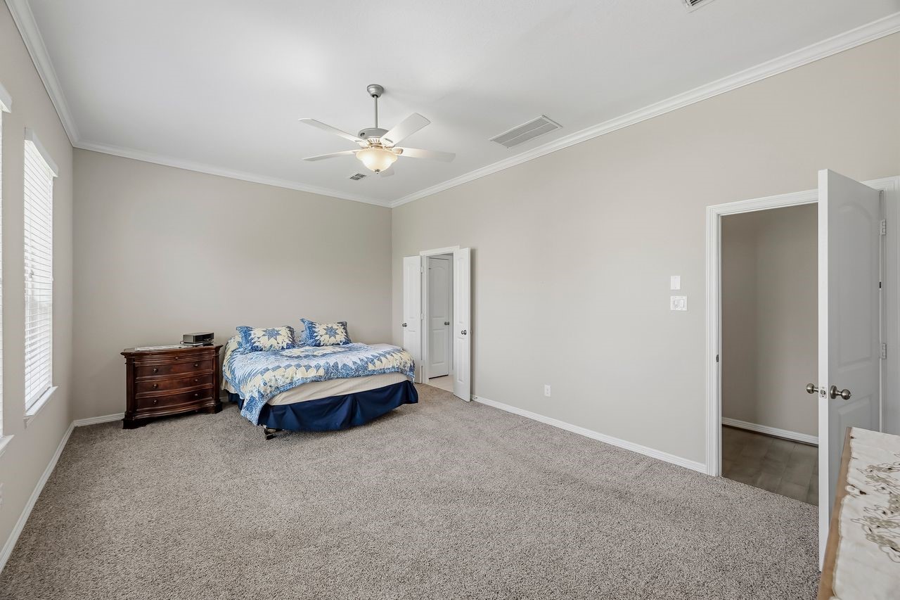 A secondary perspective of the primary suite highlights the plush, designer carpeting and a seamless transition into the spa-like ensuite.