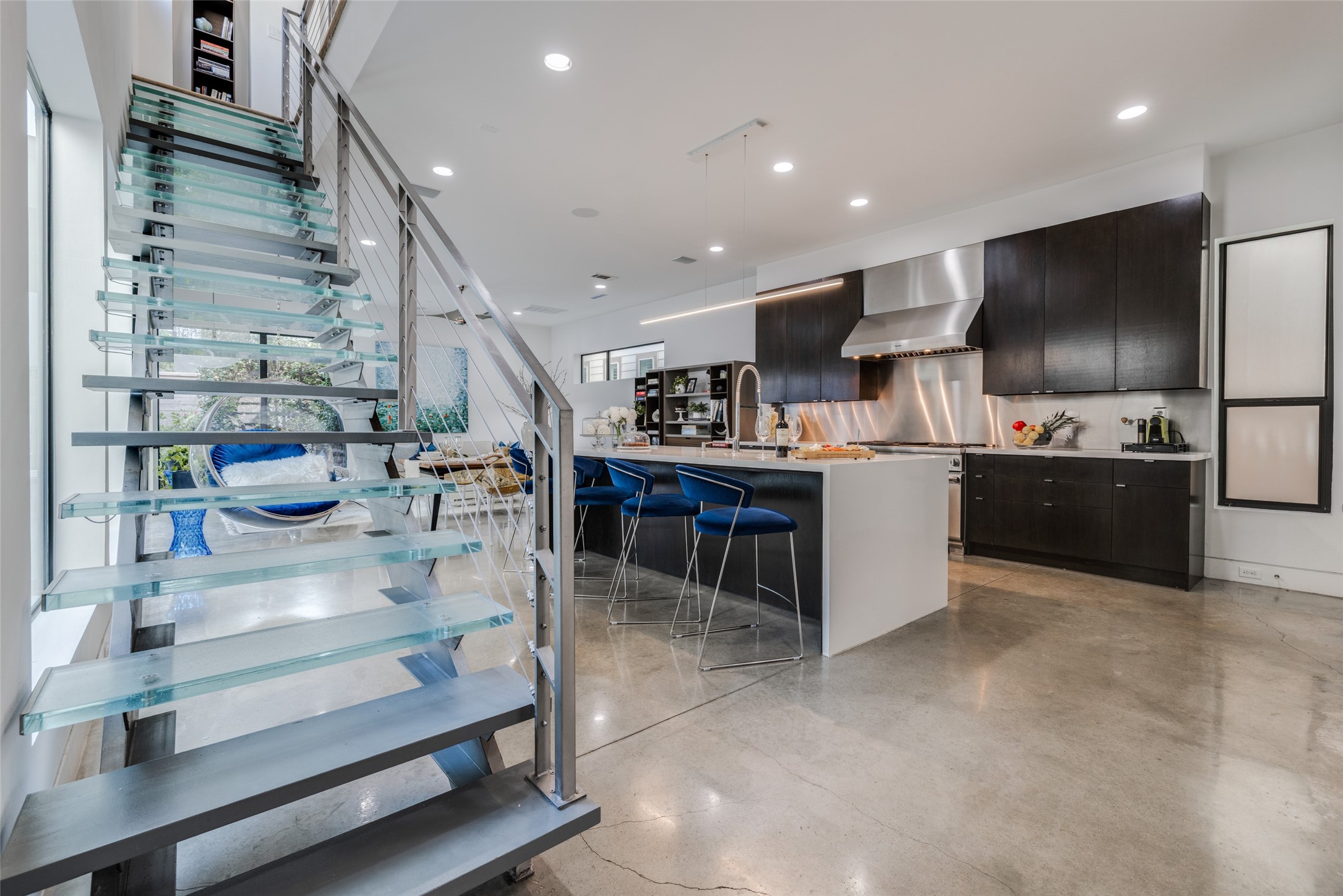 Custom floating LED seeded acrylic & metal staircase up to second & third floor bedrooms, games room & Office in ceiling speakers Custom floating LED seeded acrylic & metal staircase up to second & third floor bedrooms, games room & Office in ceiling speakers