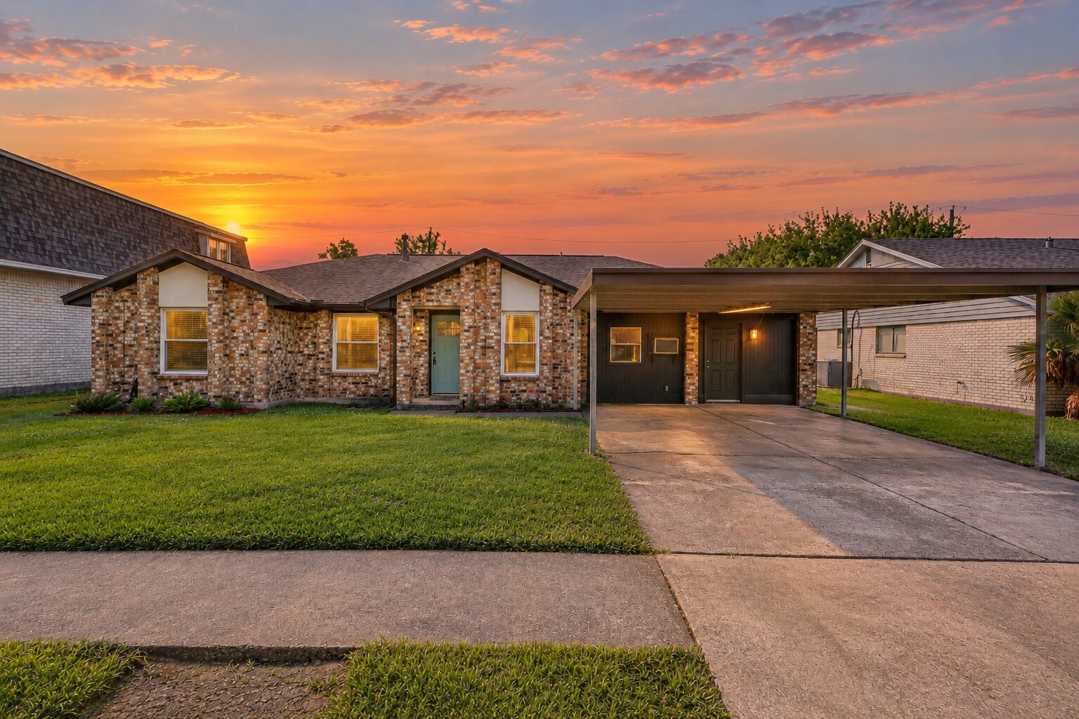 Single-story brick home with a well-maintained front lawn and a covered carport. It features a simple exterior design with a welcoming front entrance and a driveway.