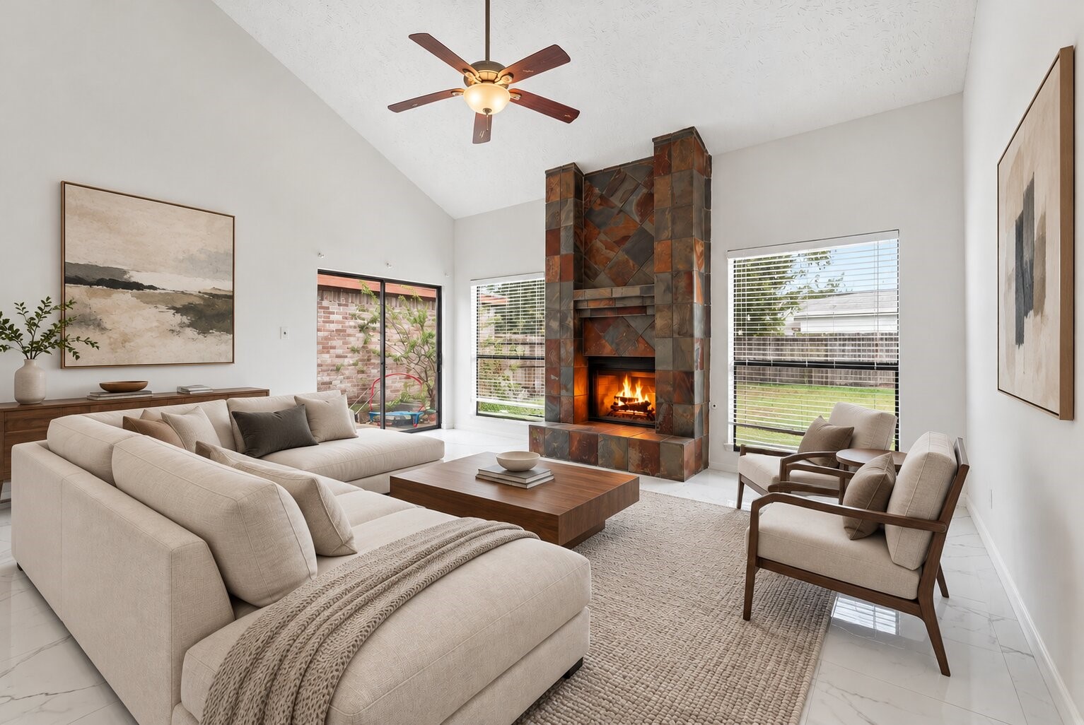 Virtually Staged Living Room. Living room draws attention to the floor-to-ceiling stone fireplace, vaulted ceiling, and large windows overlooking the backyard. Virtually Staged Living Room. Living room draws attention to the floor-to-ceiling stone fireplace, vaulted ceiling, and large windows overlooking the backyard.
