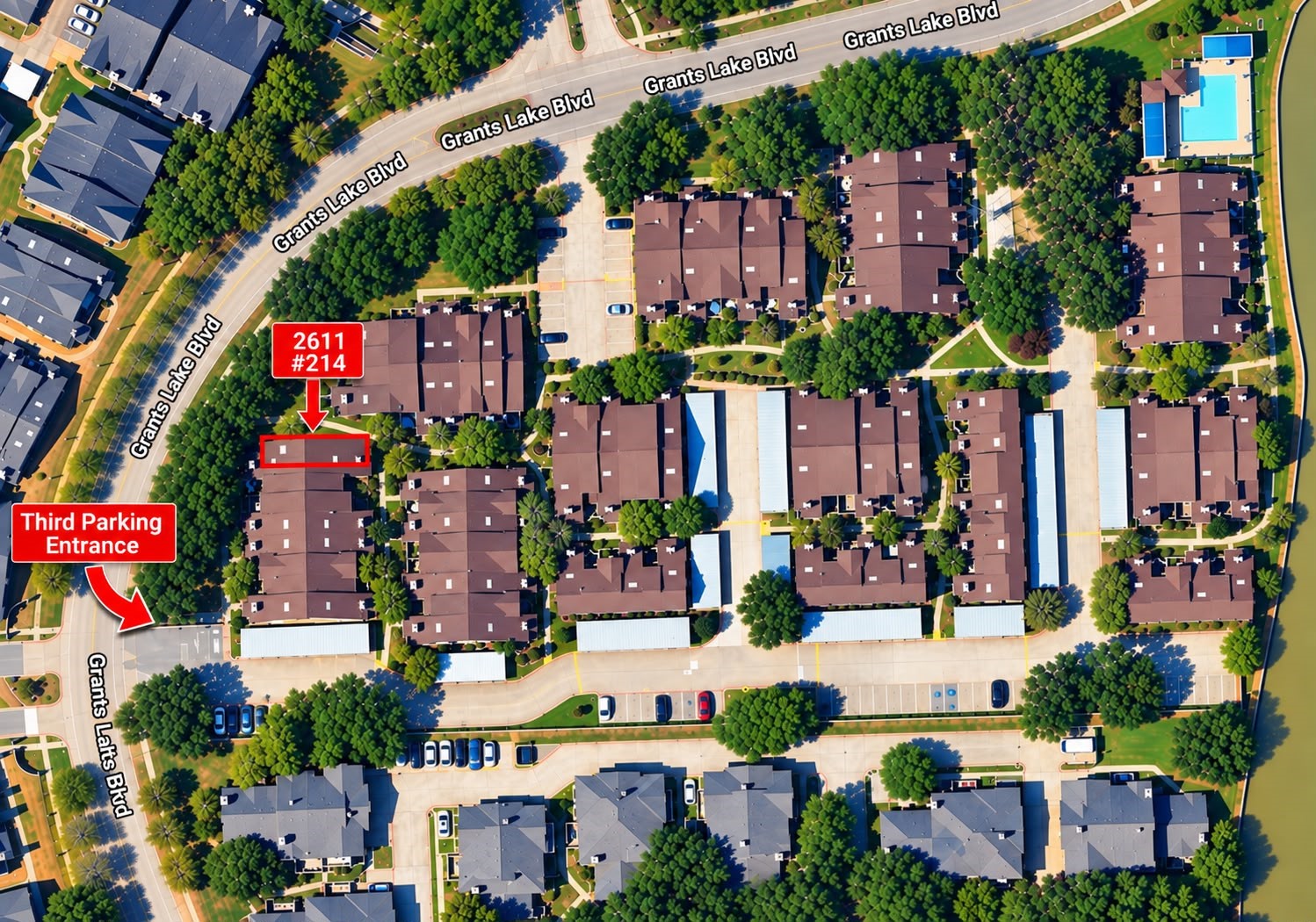 From Hwy 6, turn onto Grants Lake Blvd. The Grants Lake complex will be on your left. Enter through the third parking entrance, which wraps around the corner. Continue into the complex to Unit #214.