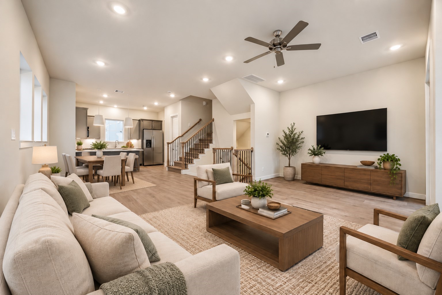 Digitally staged open-concept living, dining, and kitchen area showcasing the homes spacious layout. Digitally staged open-concept living, dining, and kitchen area showcasing the homes spacious layout.