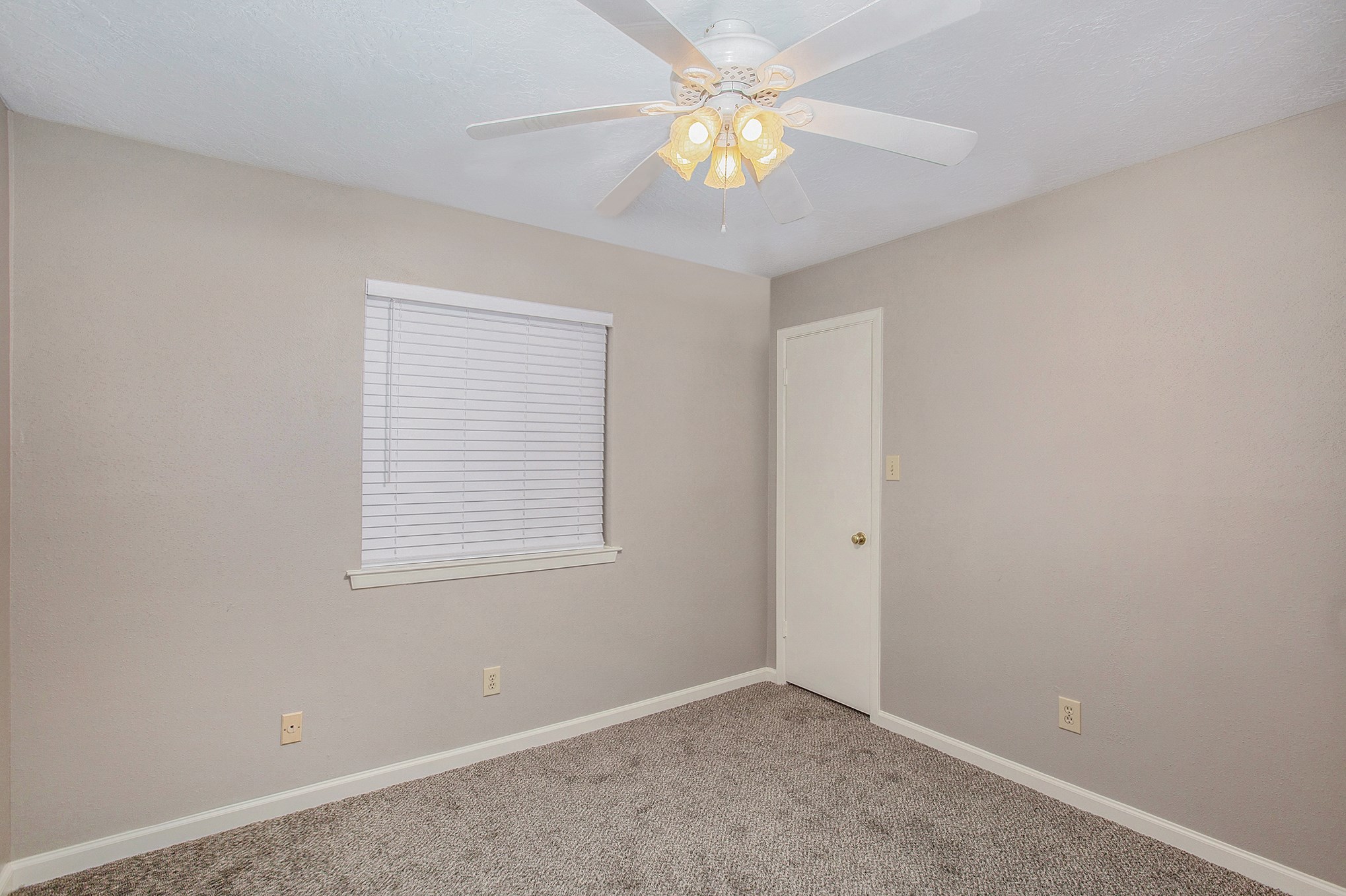 Secondary bedroom with plush carpet and ceiling fan.