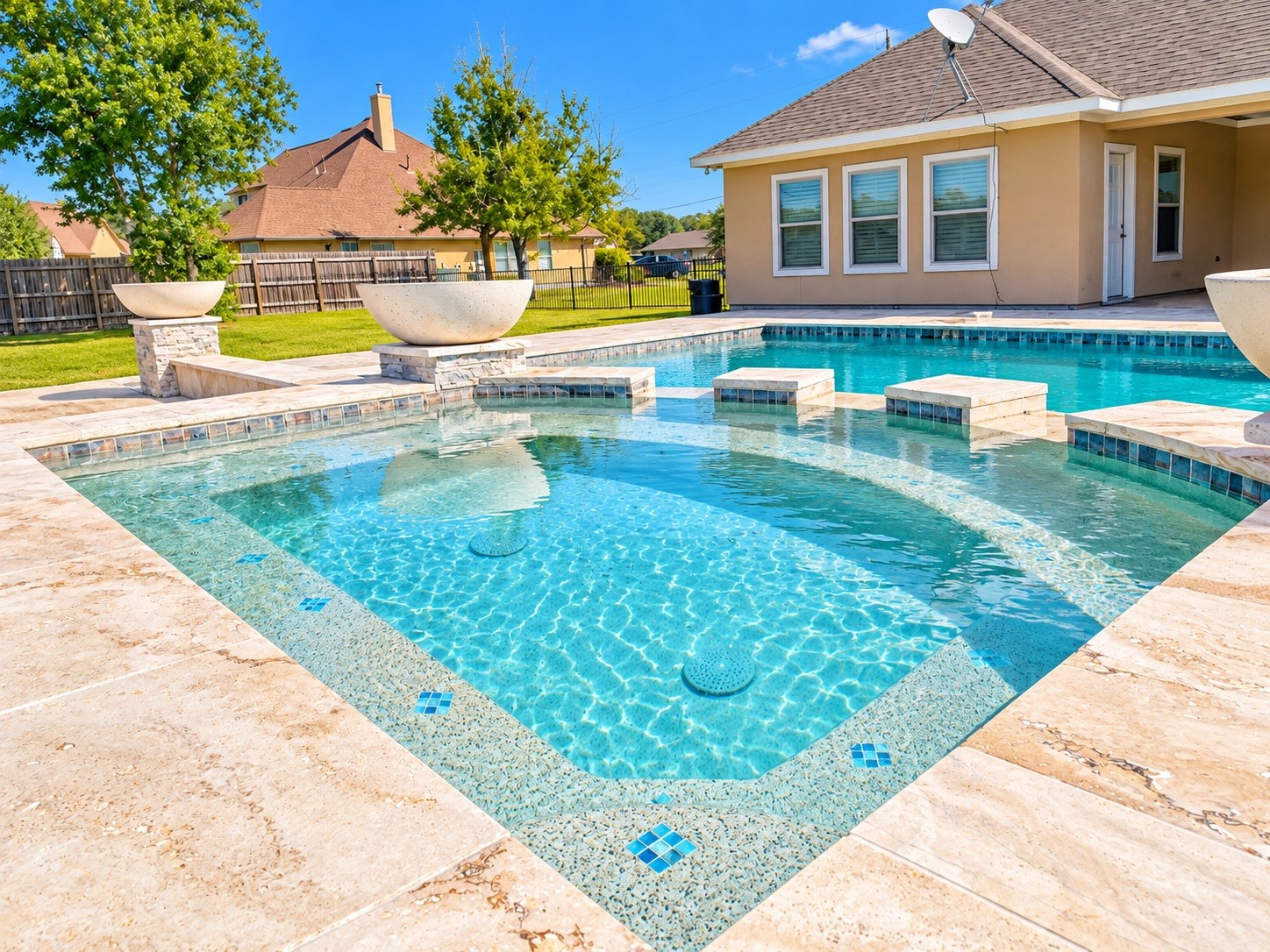 Luxurious backyard oasis featuring an inviting swimming pool with elegant stone accents, perfect for relaxation and entertaining.