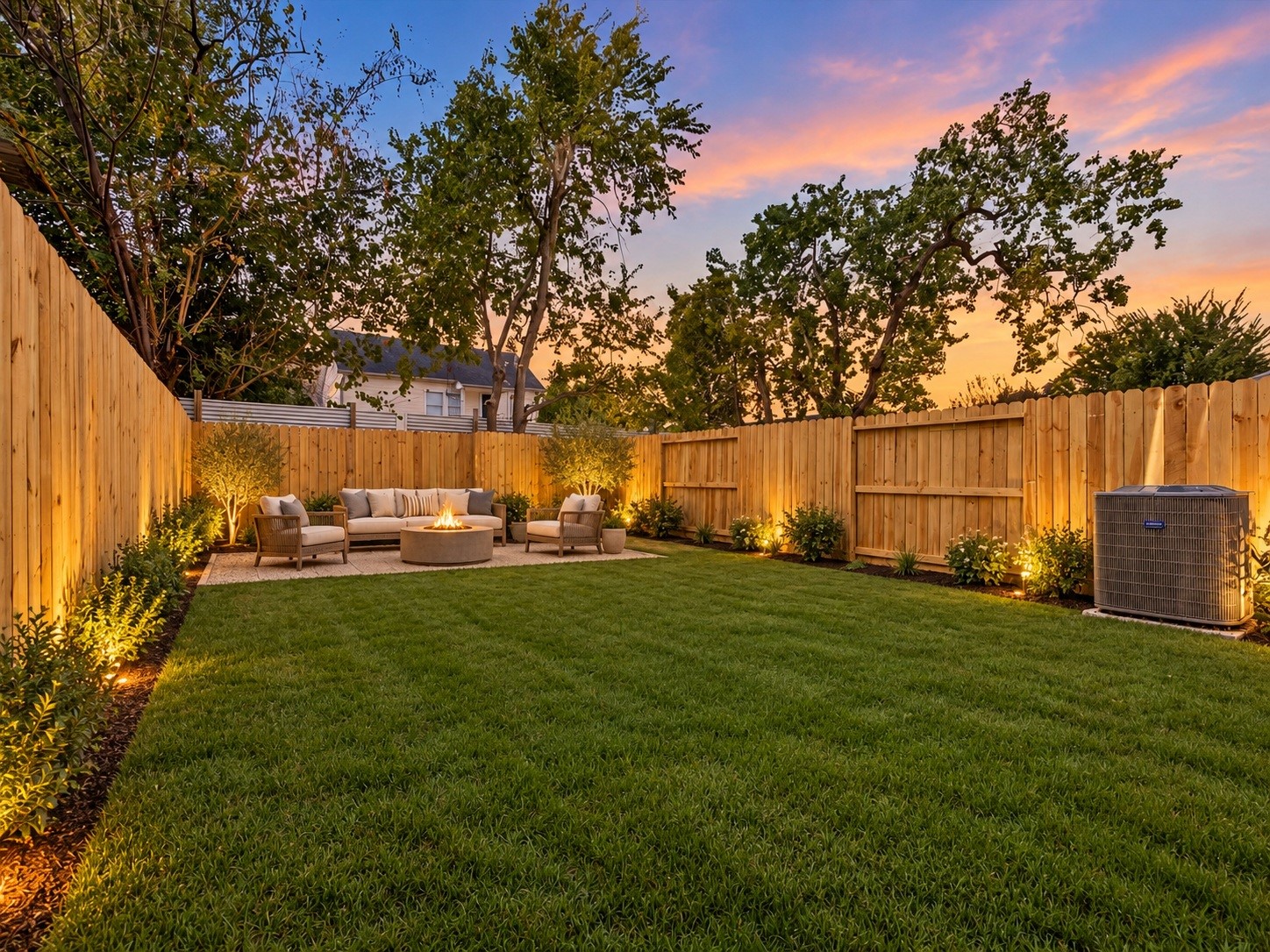 This backyard view is enhanced with virtual staging and enhanced twilight views to showcase the space's potential.