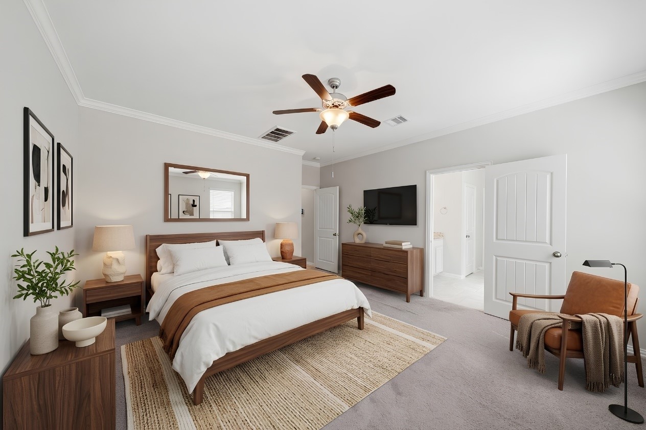 Virtually staged primary bedroom