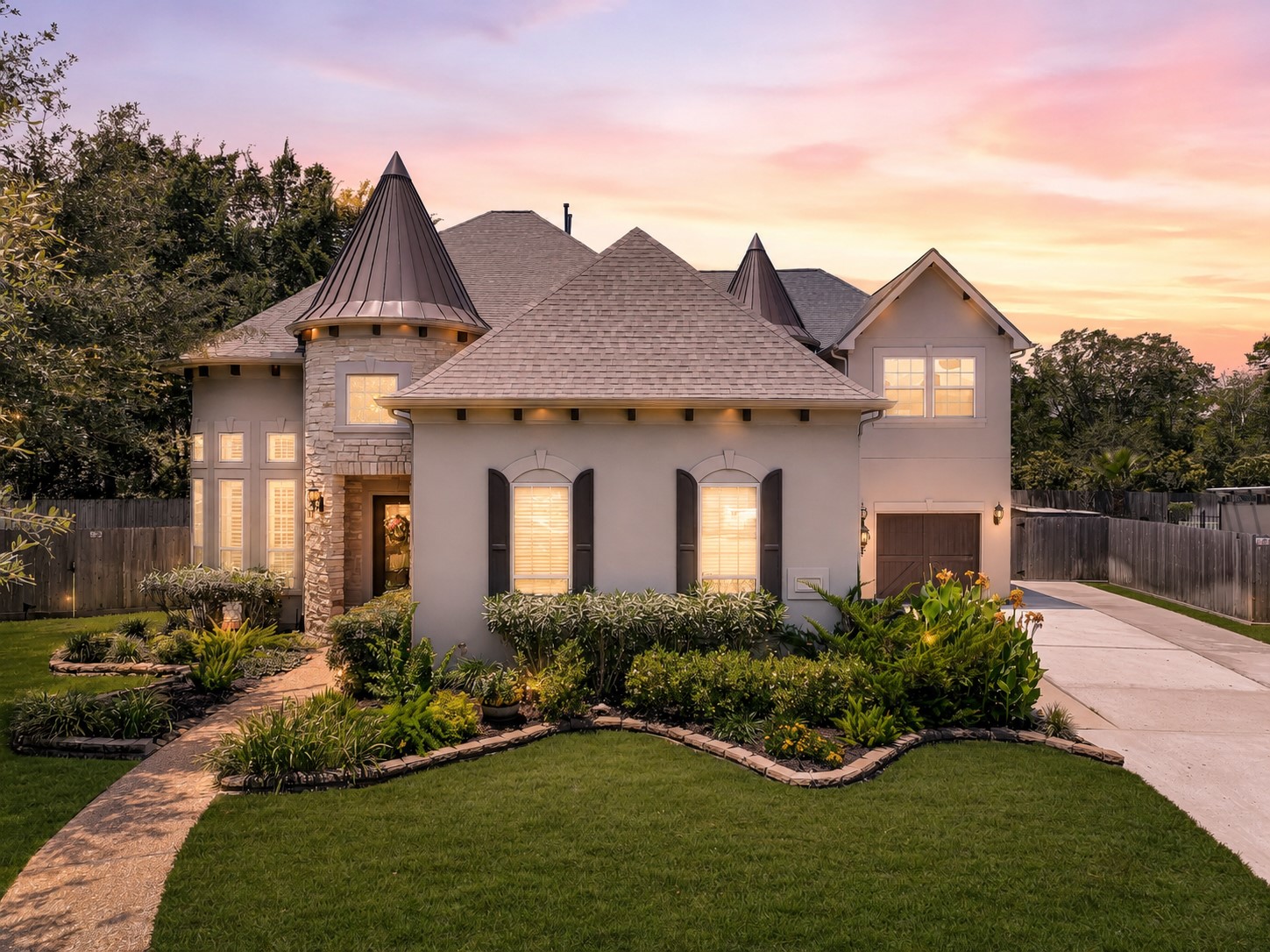 Tucked away on a beautifully landscaped cul-de-sac lot in West Ranch, this custom stucco home immediately stands apart with its stone turret accents, dramatic metal rooflines, carriage-style garage doors, lantern lighting, and meticulously maintained grounds that create unforgettable curb appeal from the street.