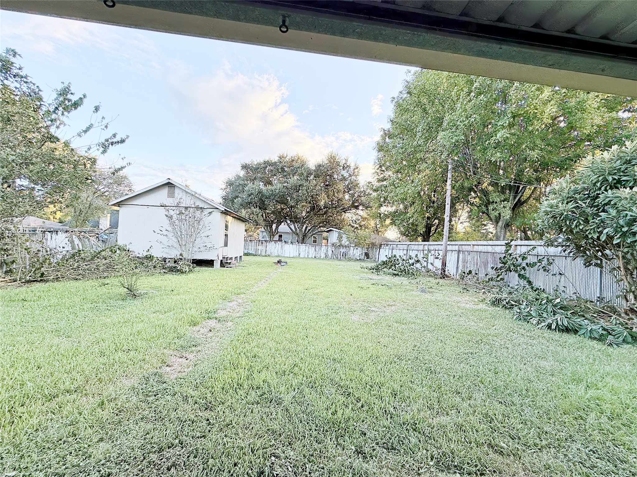 Expansive backyard with lush greenery, mature trees, and a charming shed, perfect for gardening or outdoor activities.