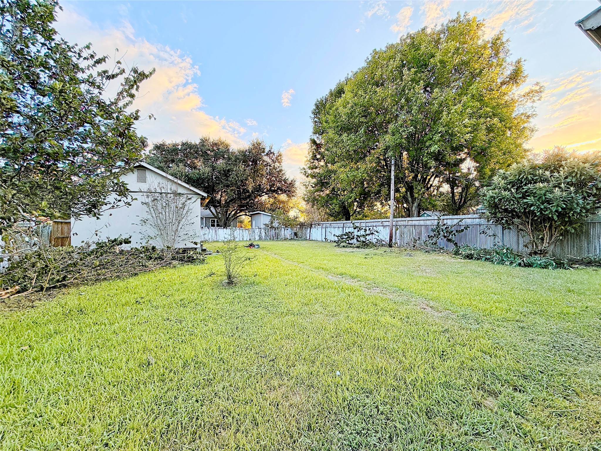 Expansive backyard with lush green grass, mature trees, and a charming fence, perfect for outdoor activities and relaxation.