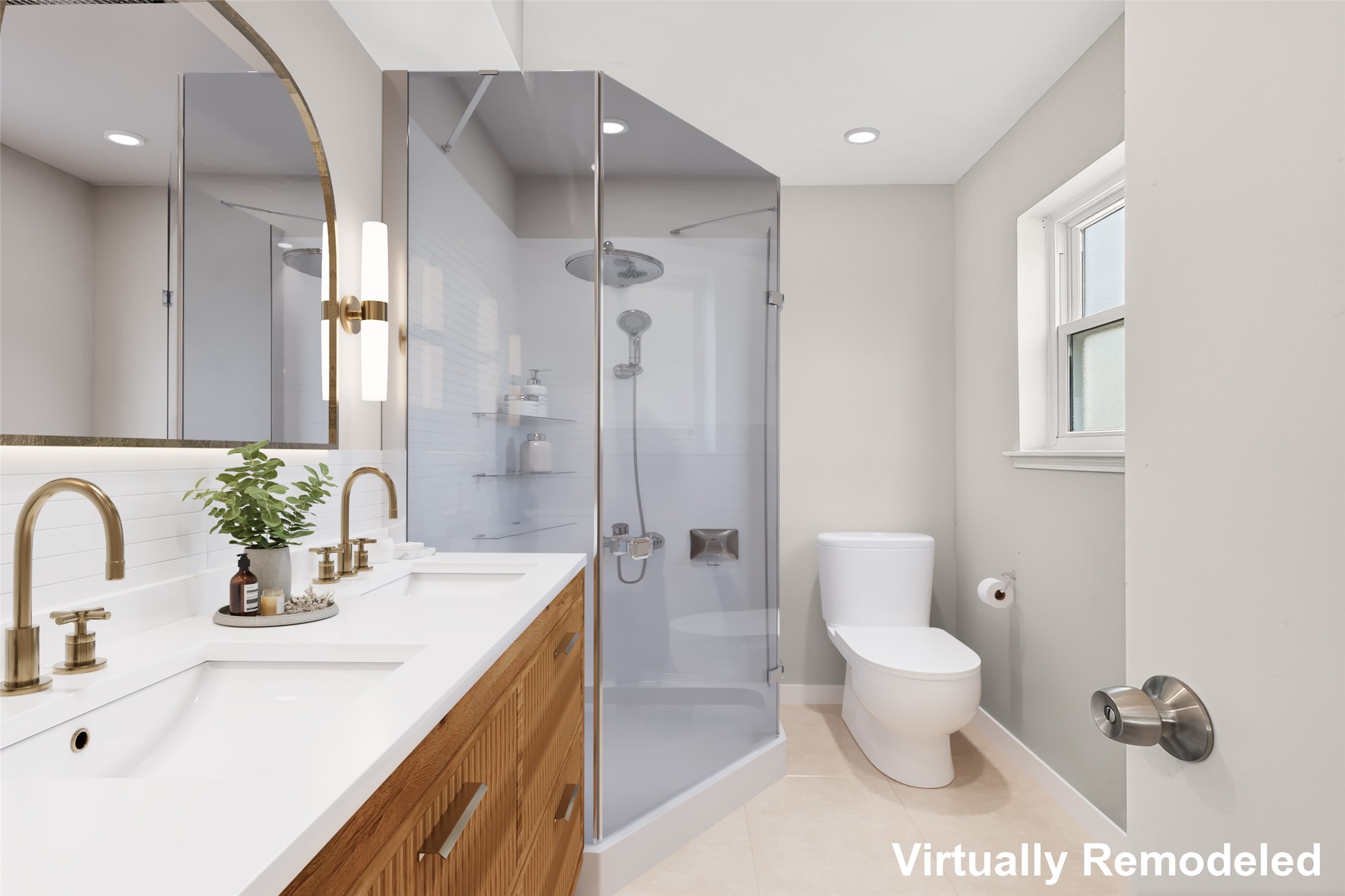 Virtually reimagined primary bathroom.