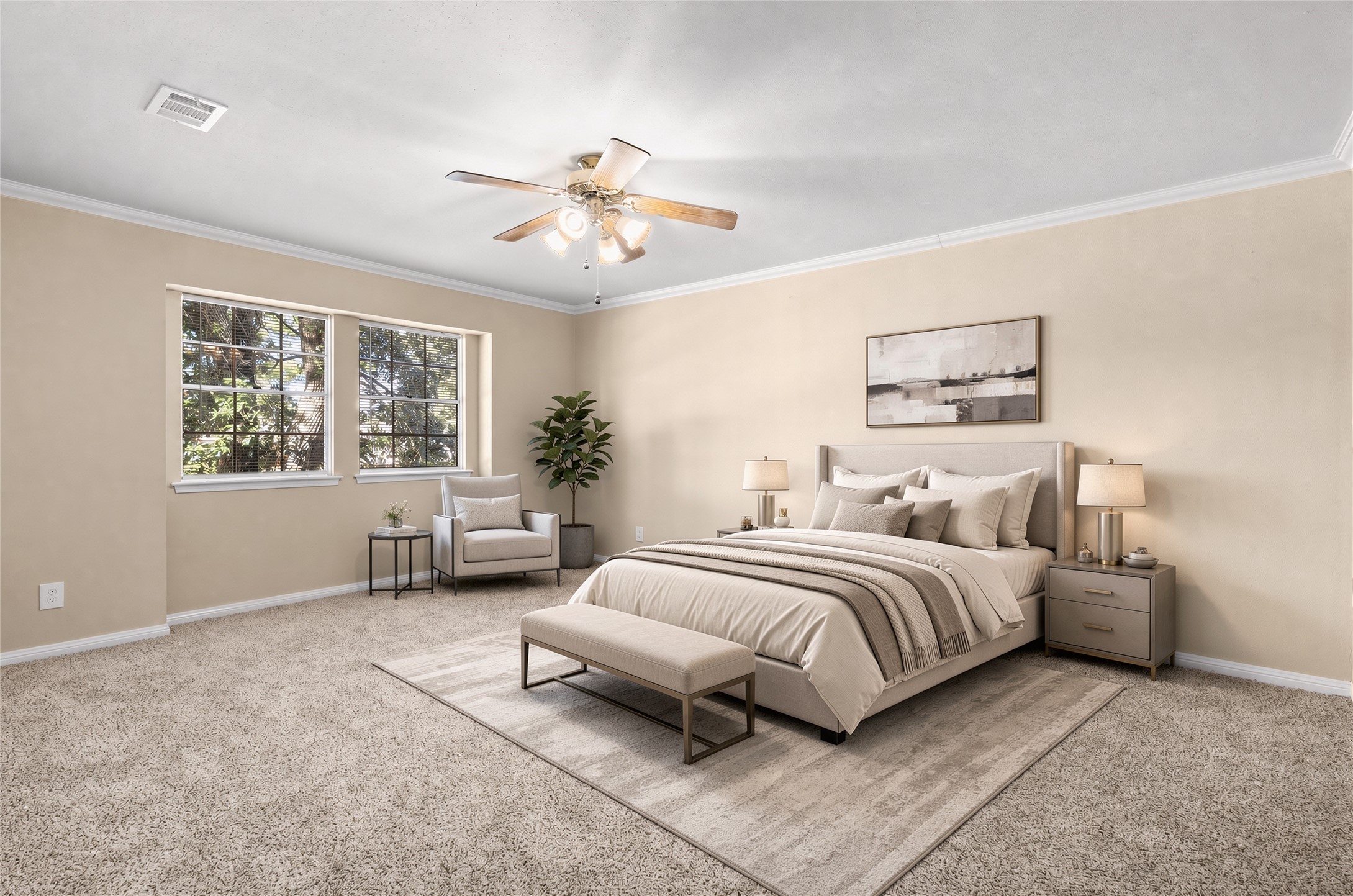 Primary bedroom is large with space for a sitting area. This room is virtually staged to show an option for furniture arrangements.