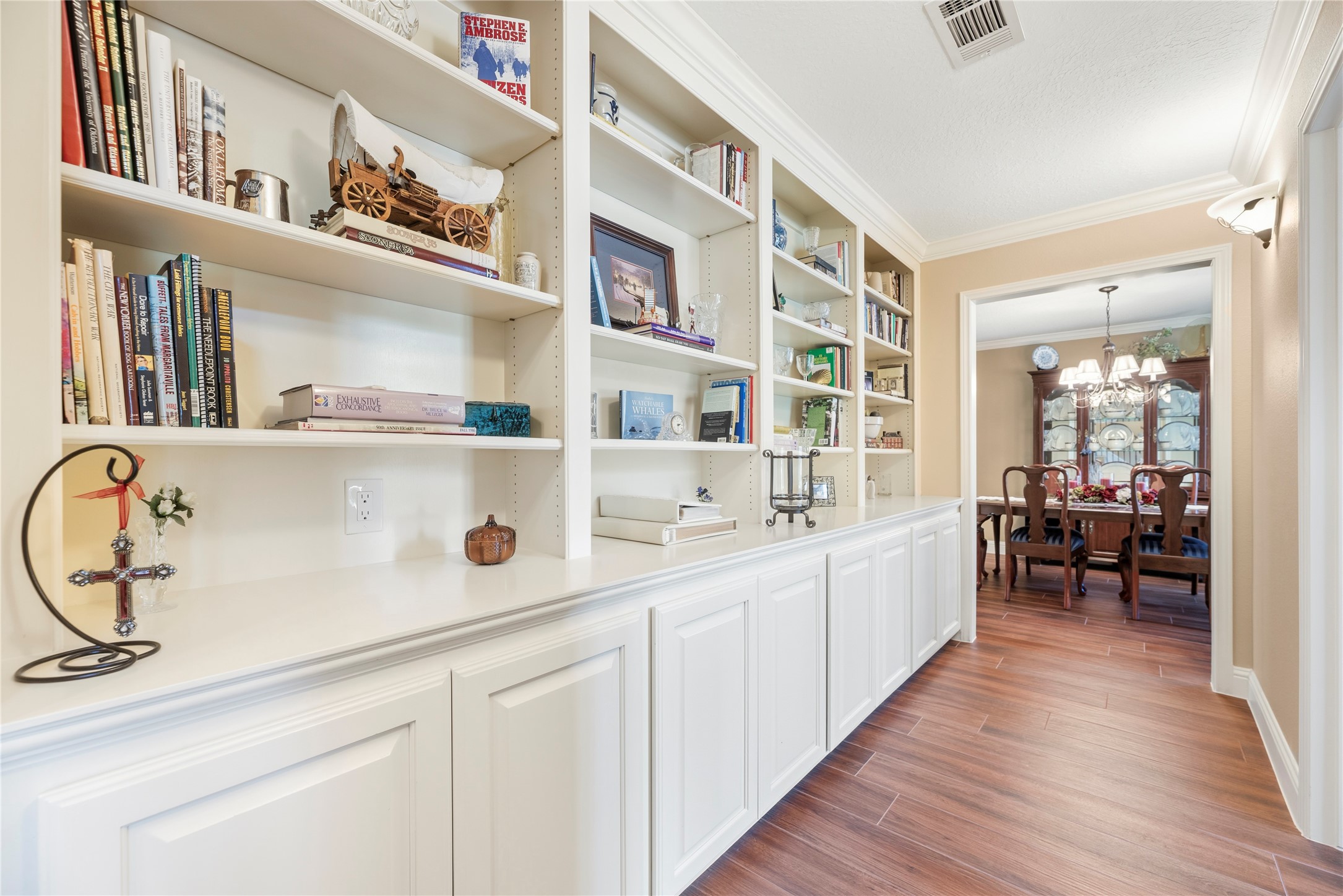 Custom built-in shelving and cabinetry.