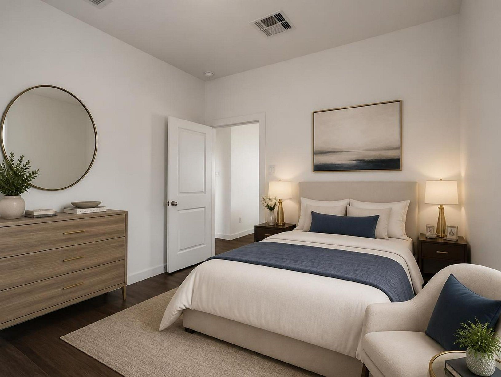 The bedroom shows clean wall space, natural light, and a composed furniture layout. A simple retreat with a polished finish. Virtually staged.