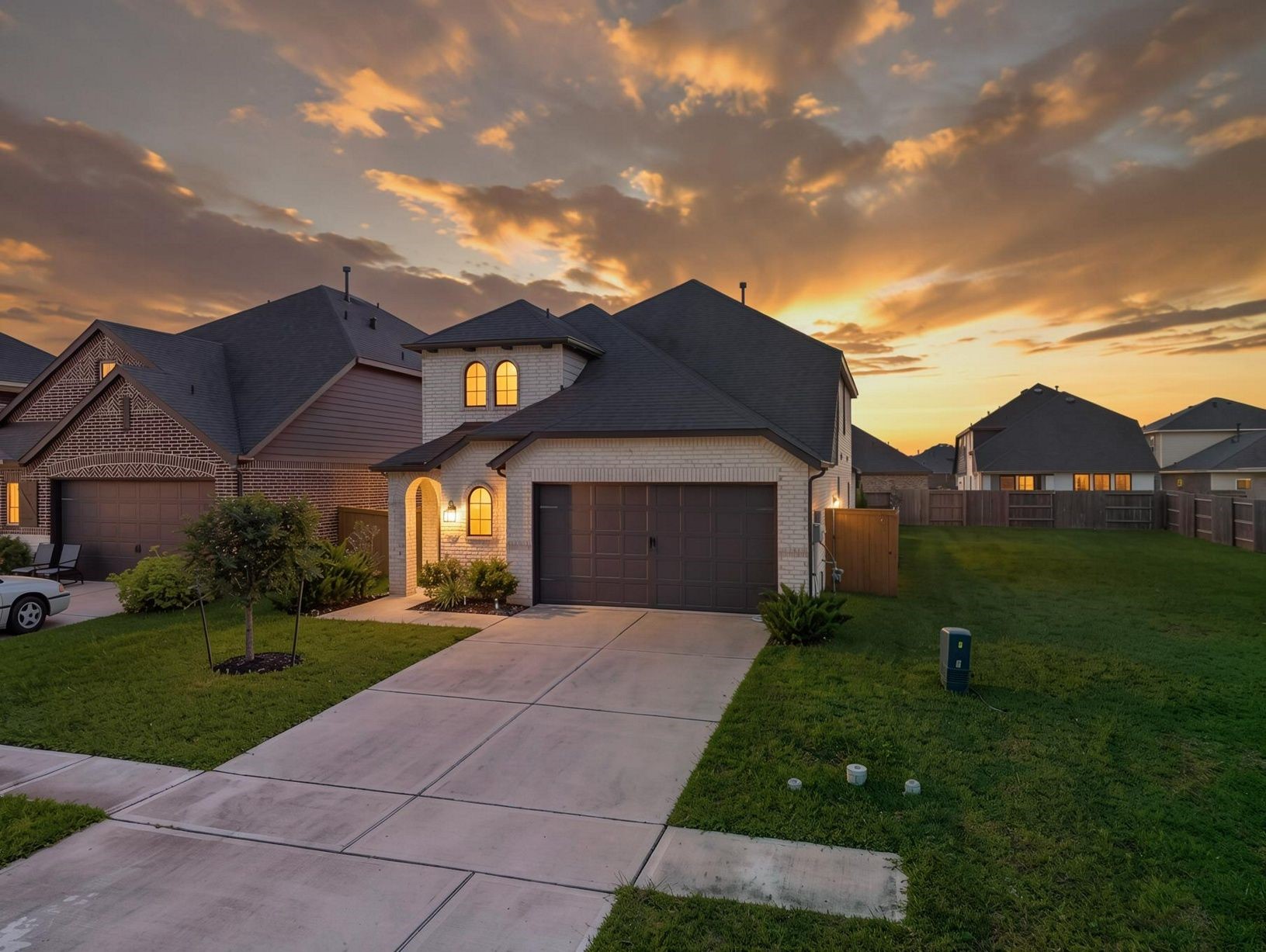 A modern Highland Homes exterior framed by sunset skies, clean landscaping, and a double-wide driveway. The home opens with a polished Lago Mar presence. Virtually staged.