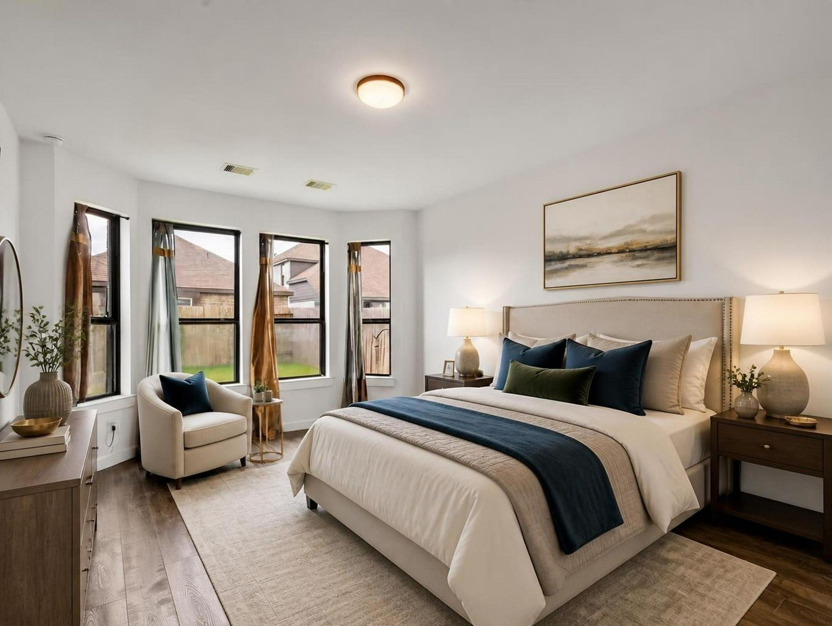 The first-floor primary suite feels calm and private with soft natural light and a clean furniture layout. A quiet retreat with generous everyday comfort. Virtually staged.