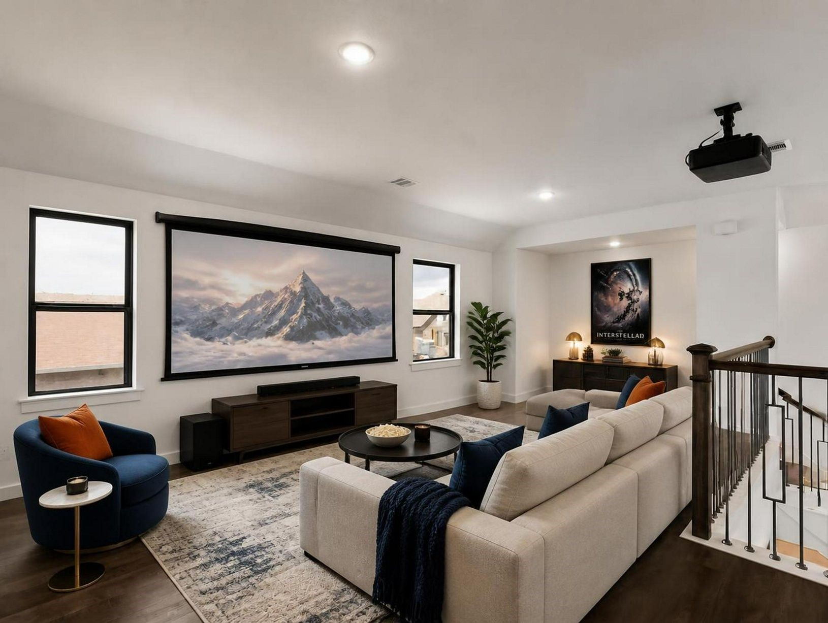 The upstairs game room creates a private lounge-style retreat with room for media, work, or relaxation. A clean second living space with a hotel-suite feel. Virtually staged.