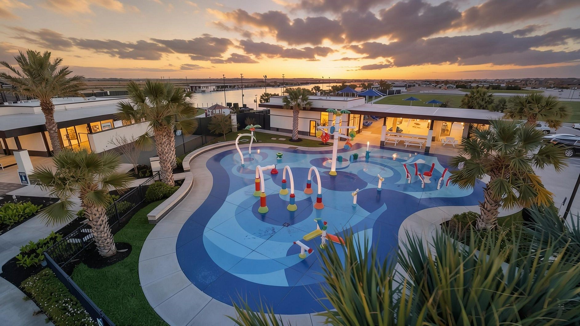 Aerial view of the communities splash pad. Virtually enahanced
