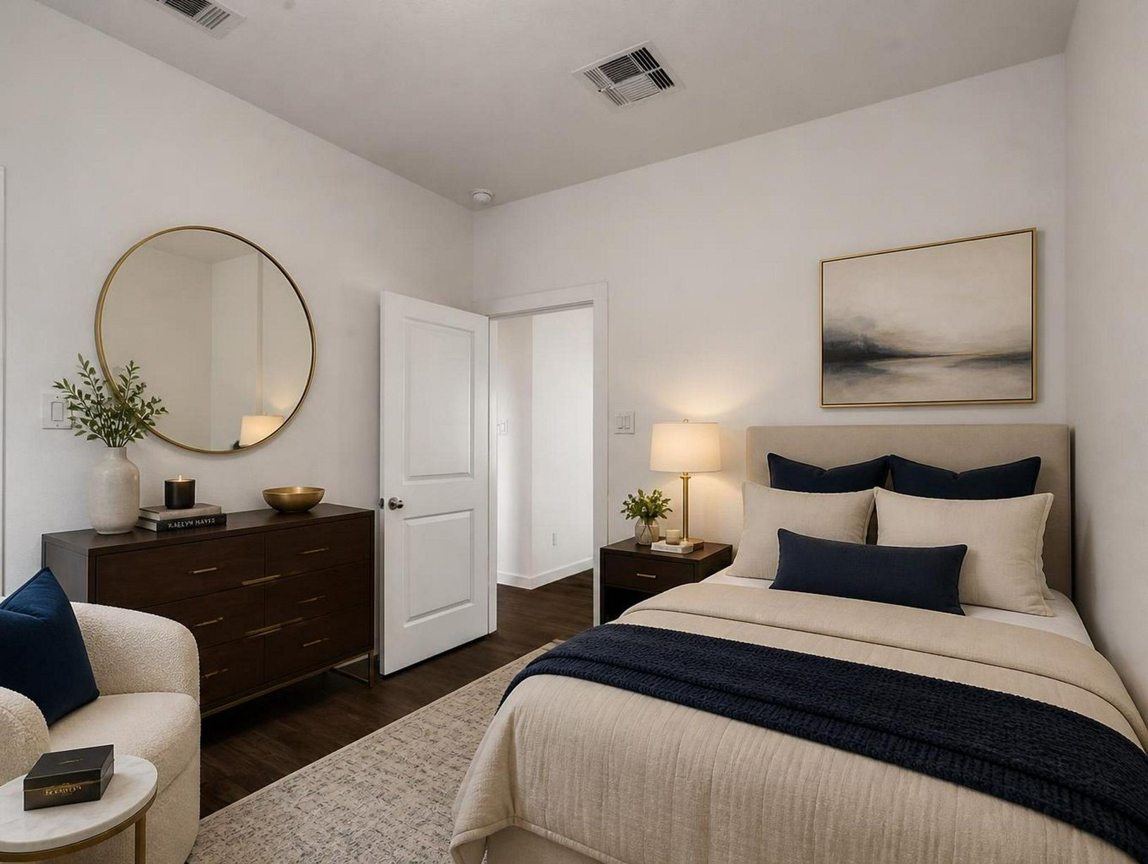 This bedroom offers another quiet upstairs space with neutral finishes and flexible proportions. Calm, clean, and easy to style. Virtually staged.