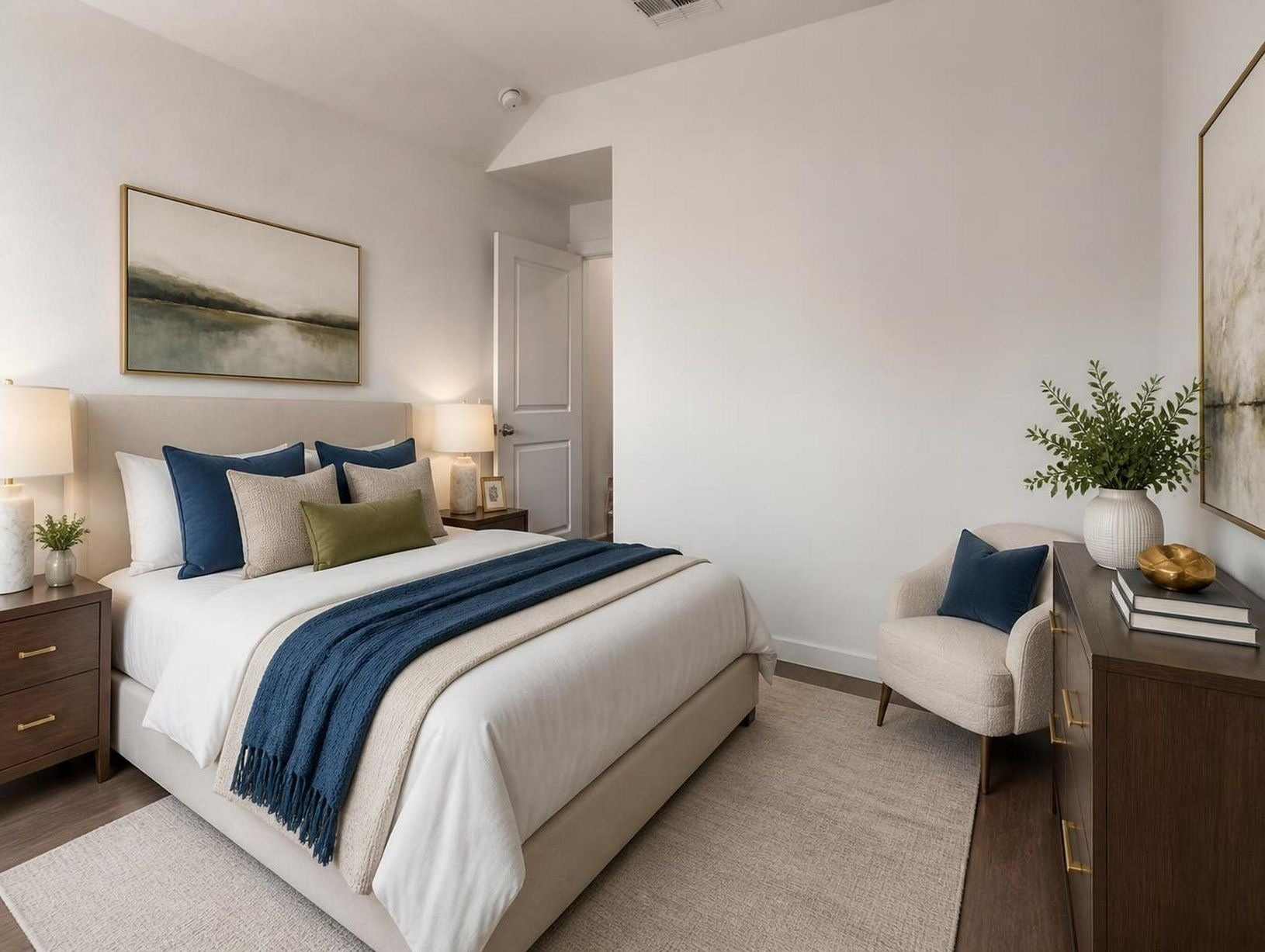 This bedroom is styled with a soft, hotel-inspired feel and balanced furniture placement. The space feels calm, private, and finished. Virtually staged.