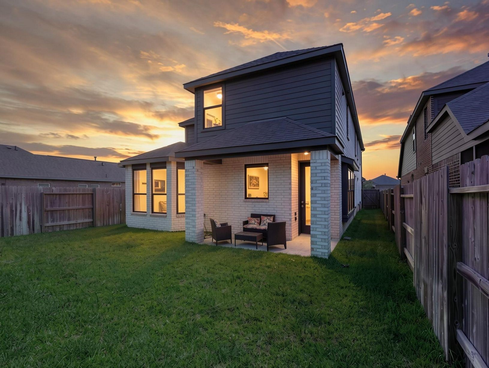 The rear exterior glows at sunset with a covered patio and fenced backyard. The setting feels calm, private, and well finished. Virtually staged.