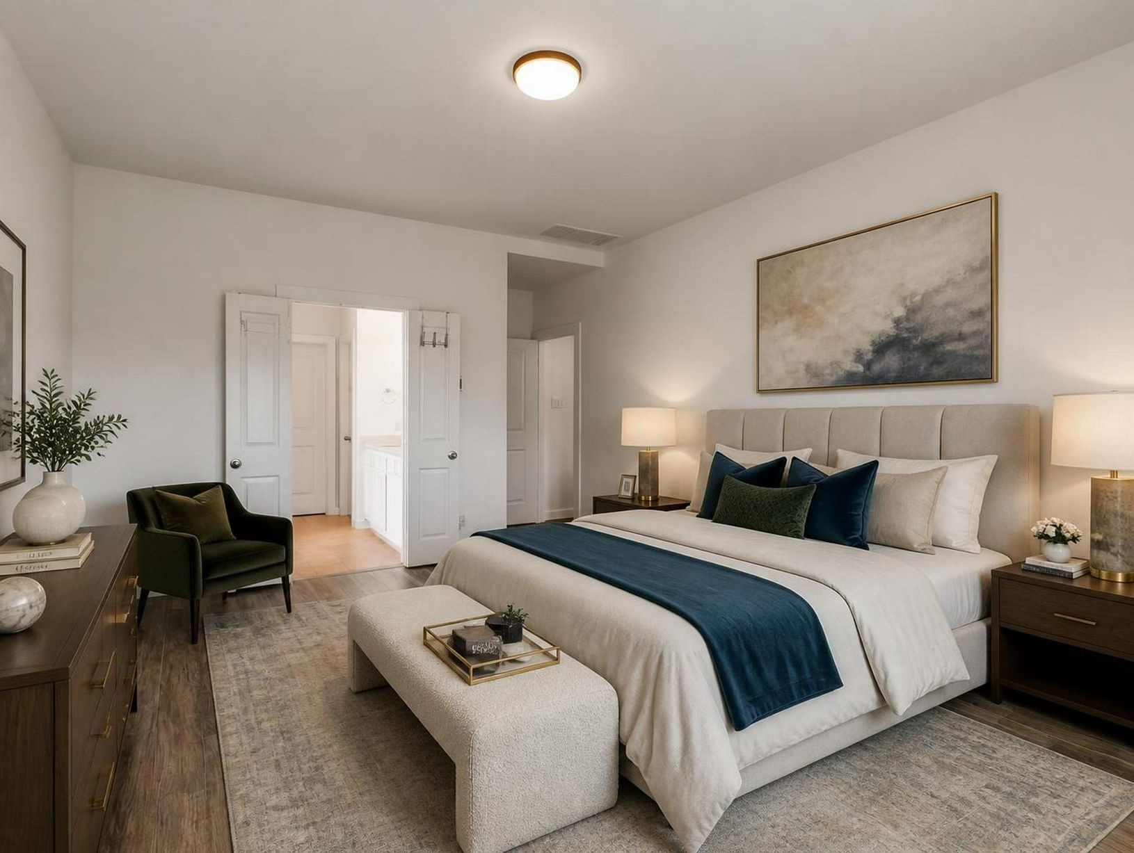 The primary bedroom offers a serene main-level setting with neutral tones and a polished arrangement. The suite feels simple, spacious, and composed. Virtually staged.