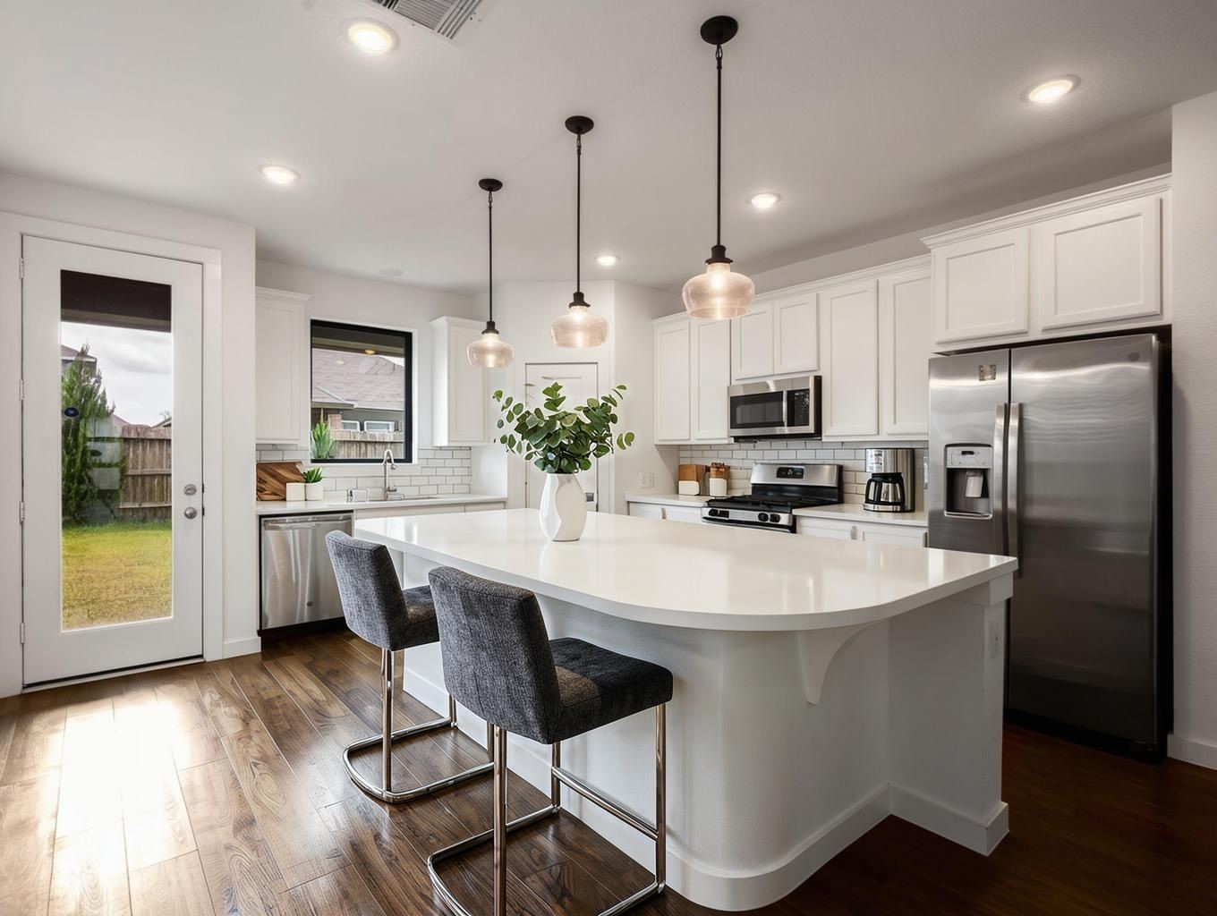 The kitchen centers around a large quartz island, pendant lighting, gas cooking, and crisp white cabinetry. A bright, tailored space with a refined everyday finish. Virtually staged.