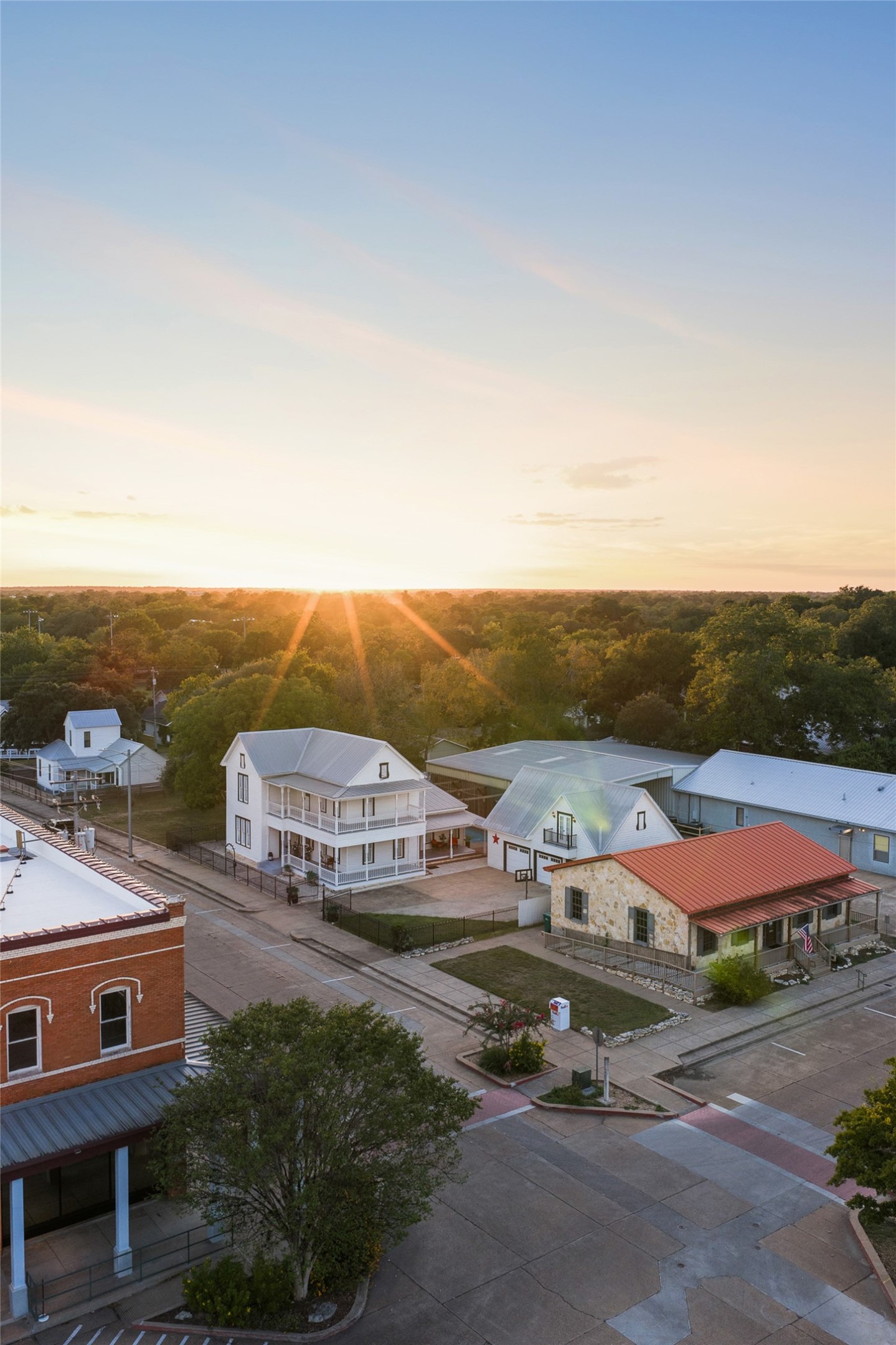An aerial view reveals the homes exceptional position just off La Granges historic downtown square.