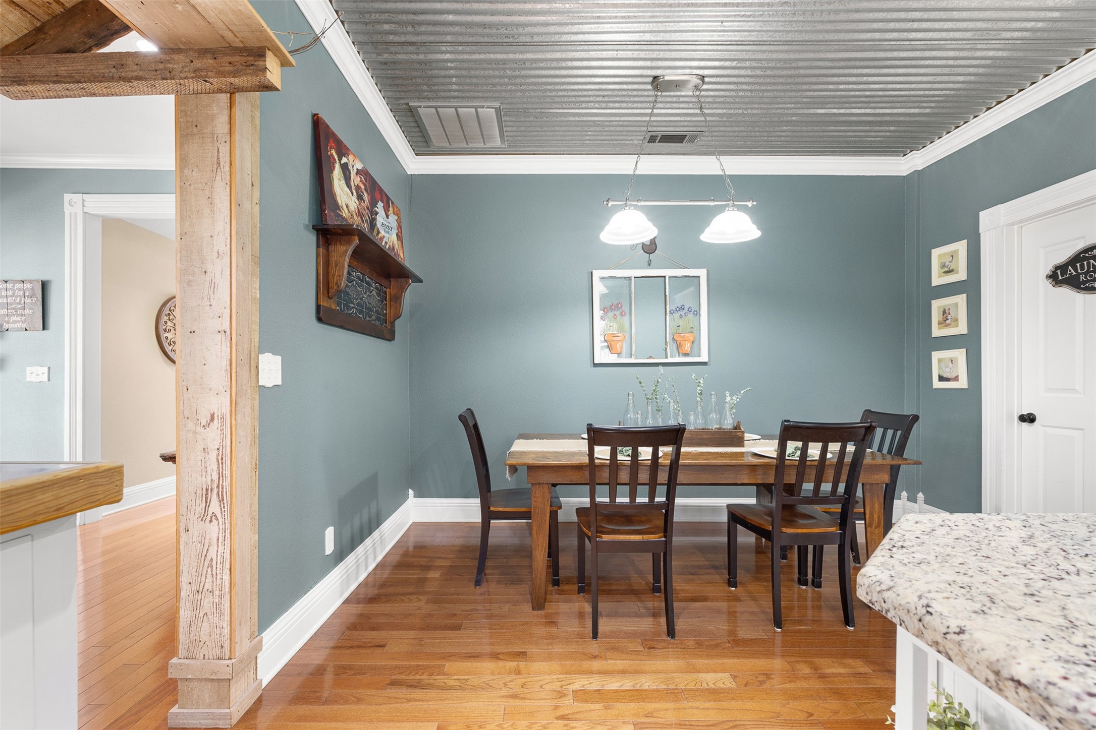 The dining room offers a charming setting for intimate dinners and celebrations.