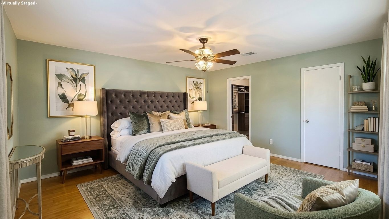 Experience the charm of this virtually staged bedroom, featuring serene green walls and warm wooden flooring, ready to inspire your personal touch.
