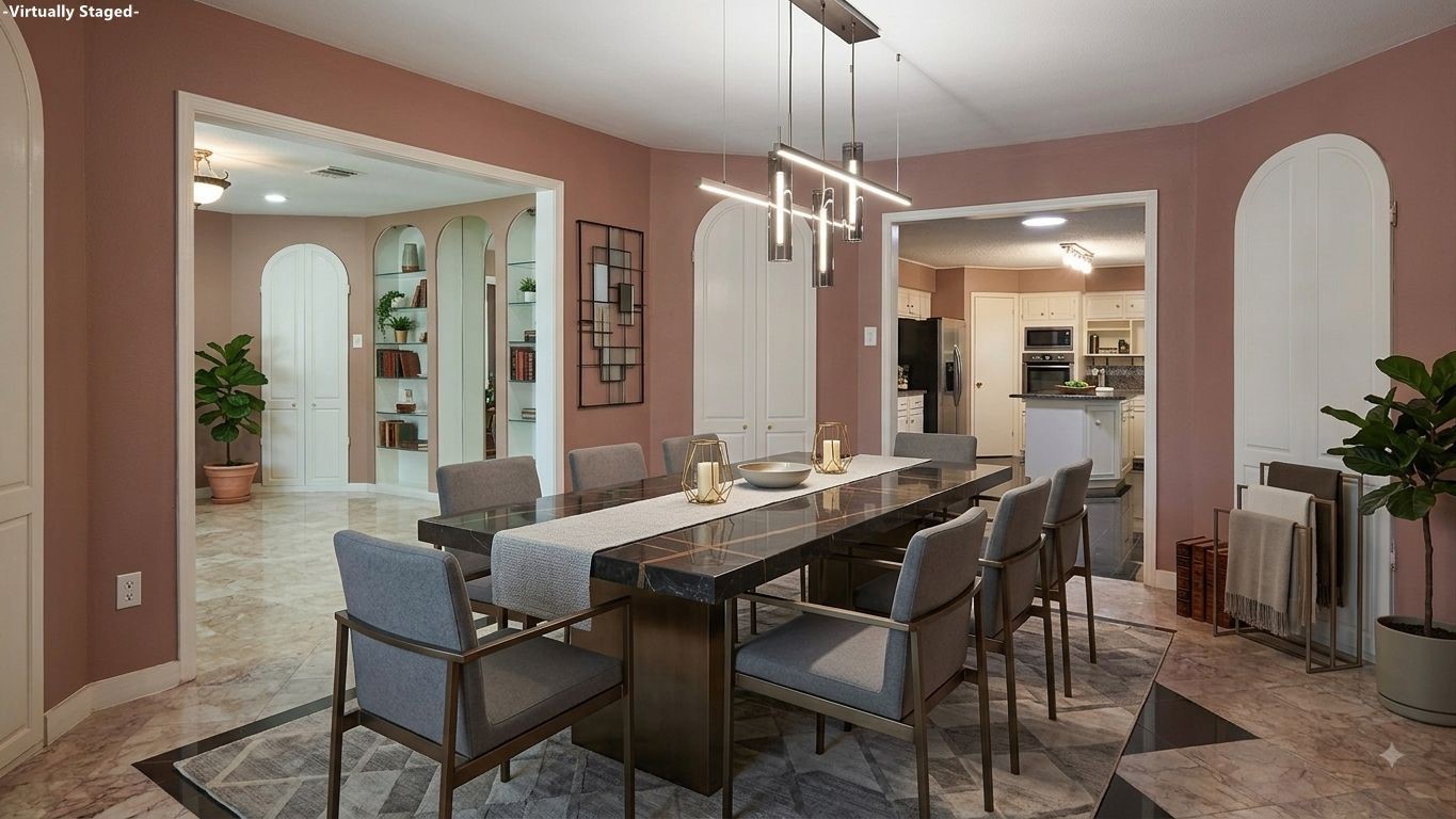 The beautifully virtually staged formal dining room, perfect for hosting unforgettable gatherings.