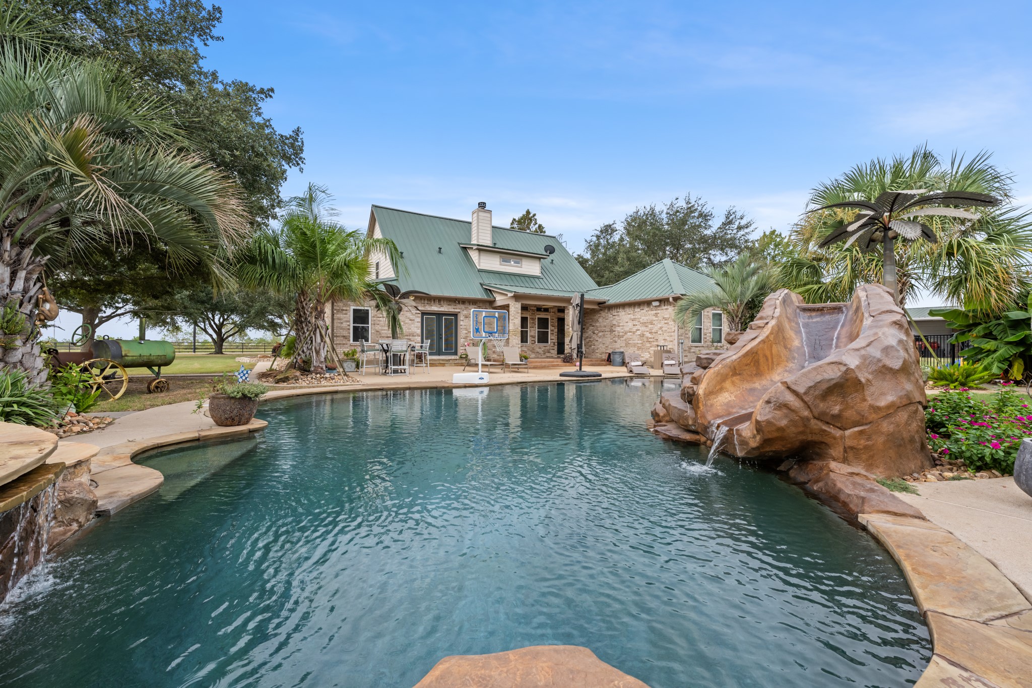 custom pool water features and water slide