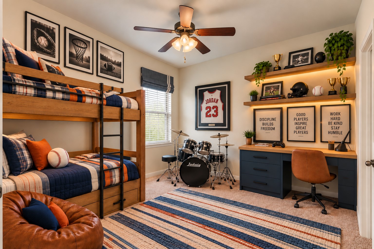 This photo is digitally staged to show the potential of one of the 2 additional bedrooms on the first floor. A ground level room is perfect for multi-generational living, guests, and/or children.