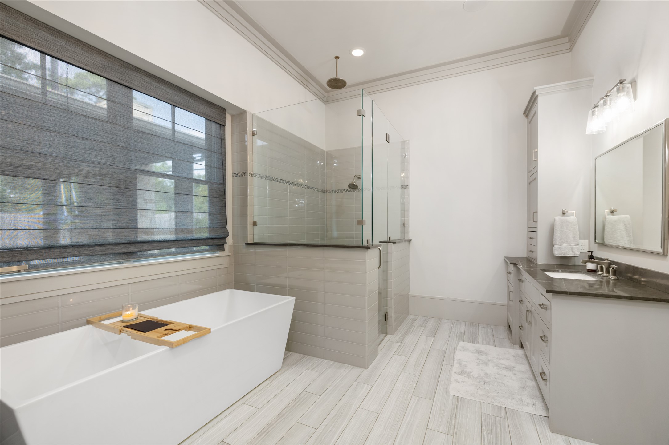 A soaking tub and separate shower