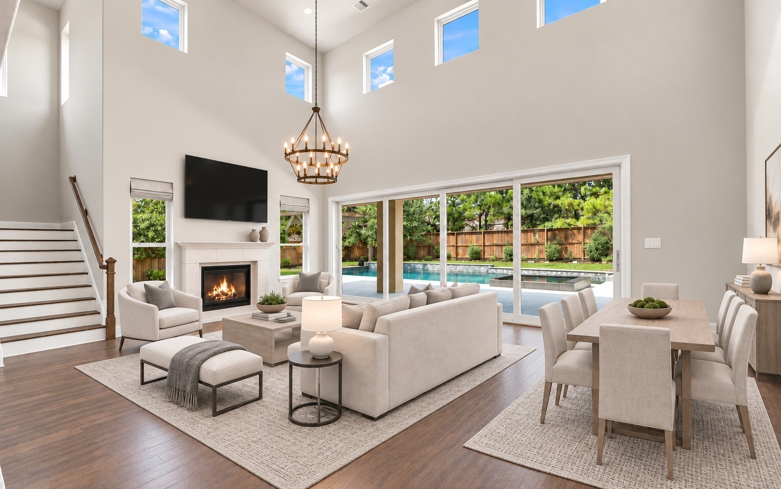 Stunning living and dining area featuring soaring ceilings, a cozy fireplace, and a 20-foot sliding glass door that opens to the backyard. VIRTUALLY STAGED