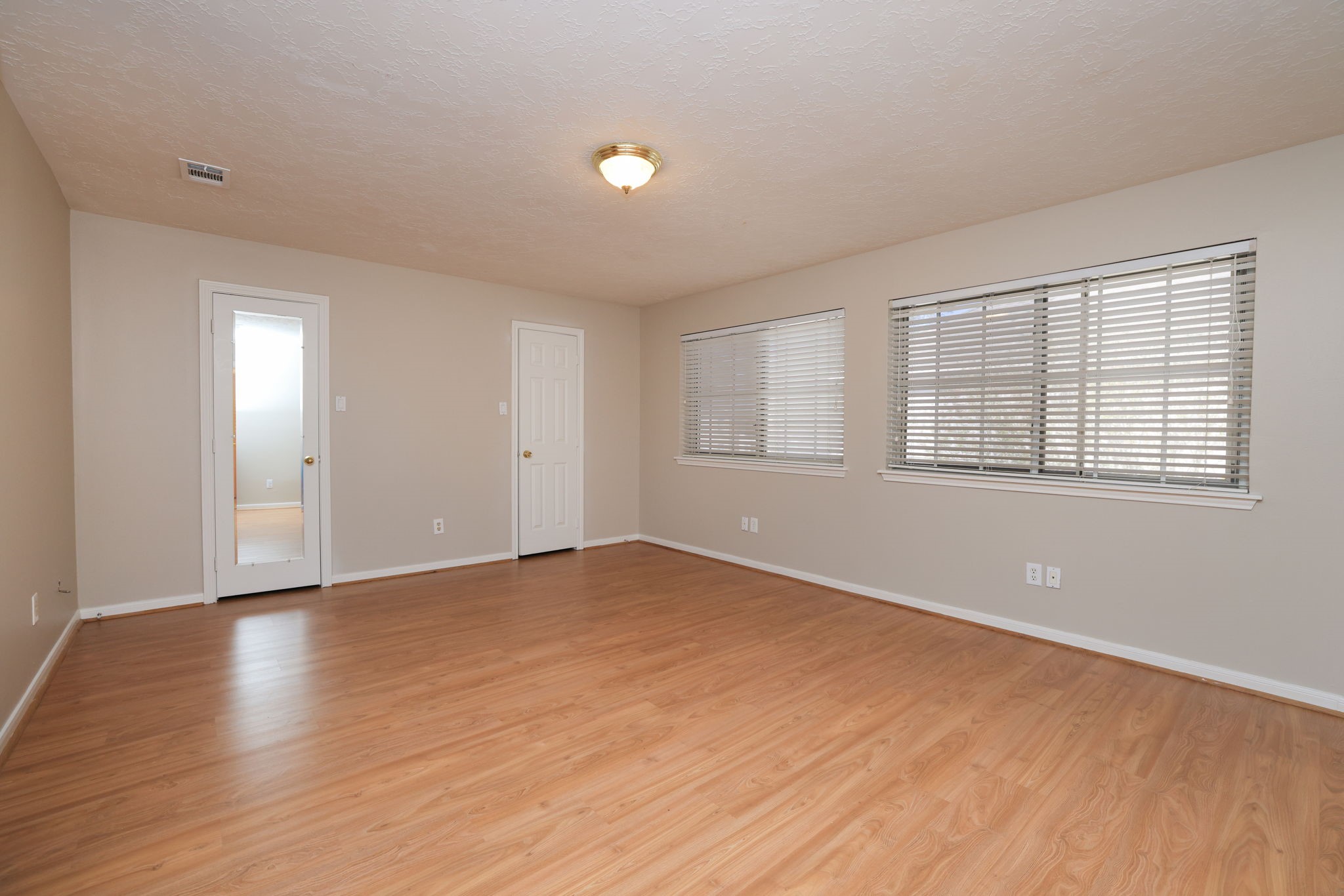 Large upstairs bedroom featuring wood-look flooring, double windows, and walk-in closet.