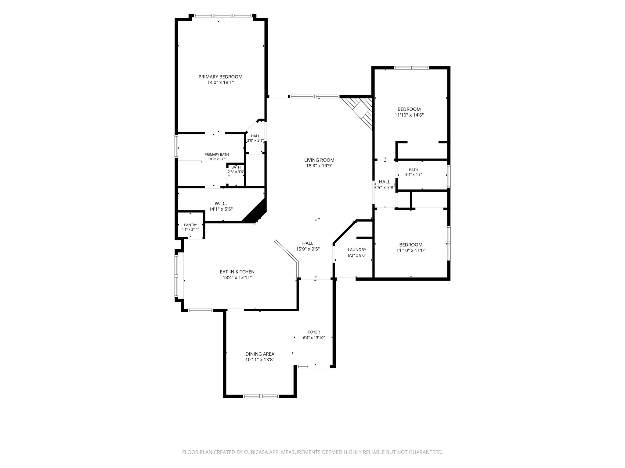 Spacious single-level layout featuring a large primary bedroom with en-suite bathroom and walk-in closet, two additional bedrooms, a generous living room, and an eat-in kitchen. The dining area and laundry room add convenience, while the open design enhances flow.